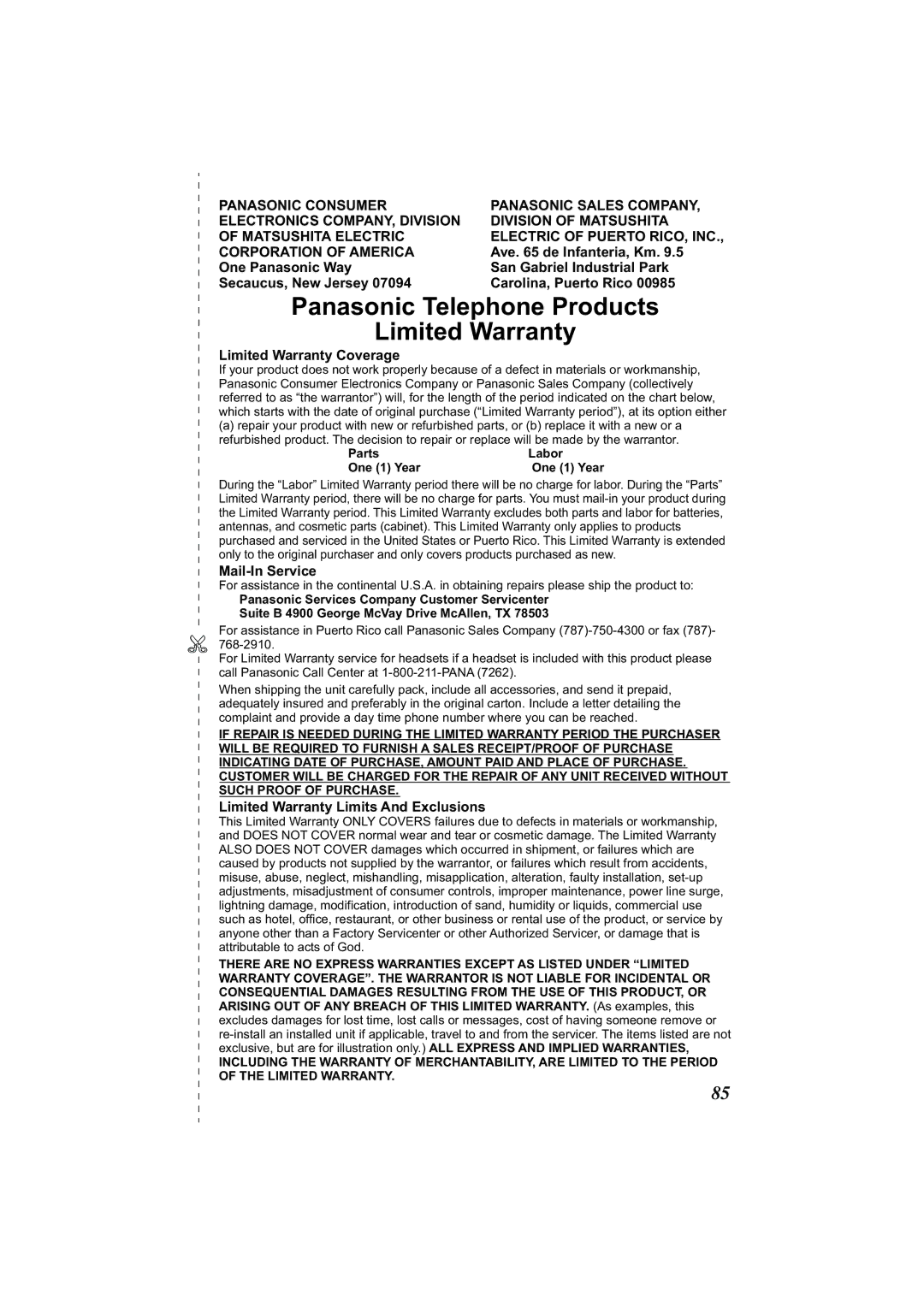 Panasonic KX-TG2356 operating instructions Ave de Infanteria, Km, Limited Warranty Coverage, Mail-In Service 