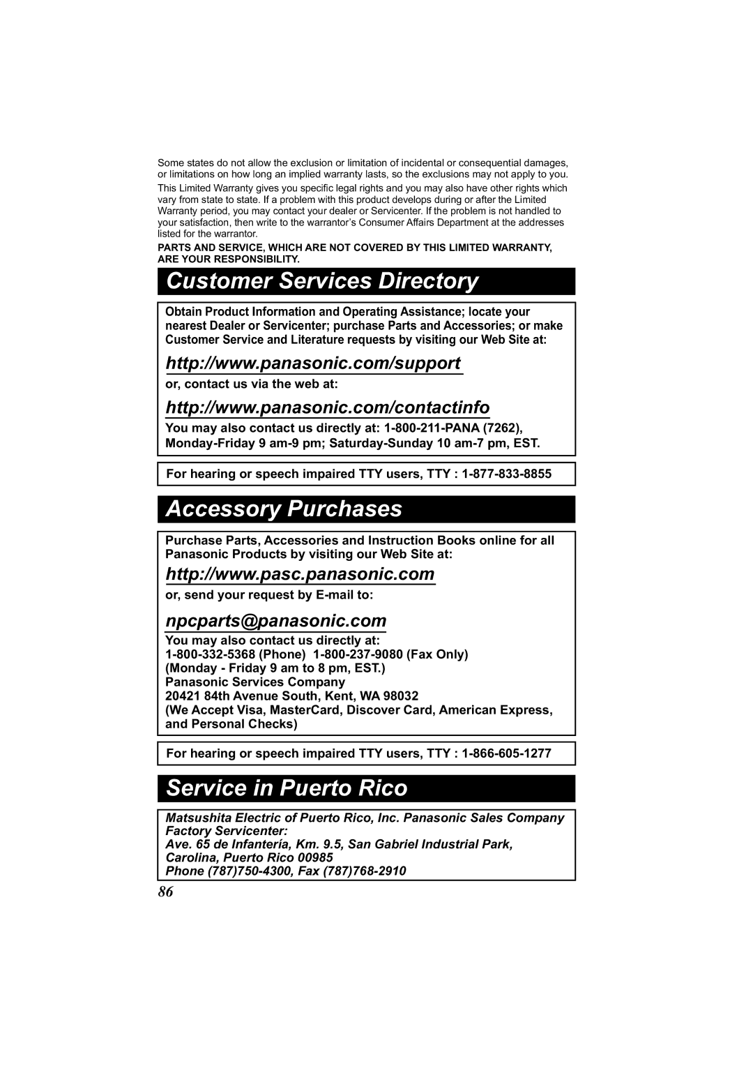 Panasonic KX-TG2356 operating instructions Customer Services Directory 