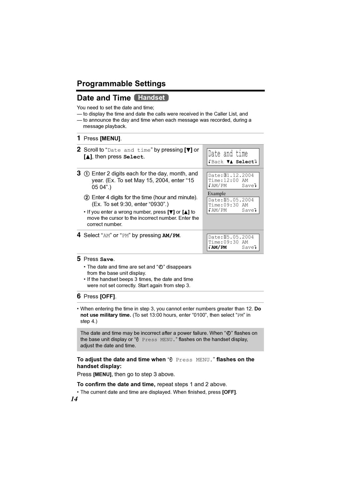 Panasonic KX-TG2361JX operating instructions Programmable Settings Date and Time Handset 