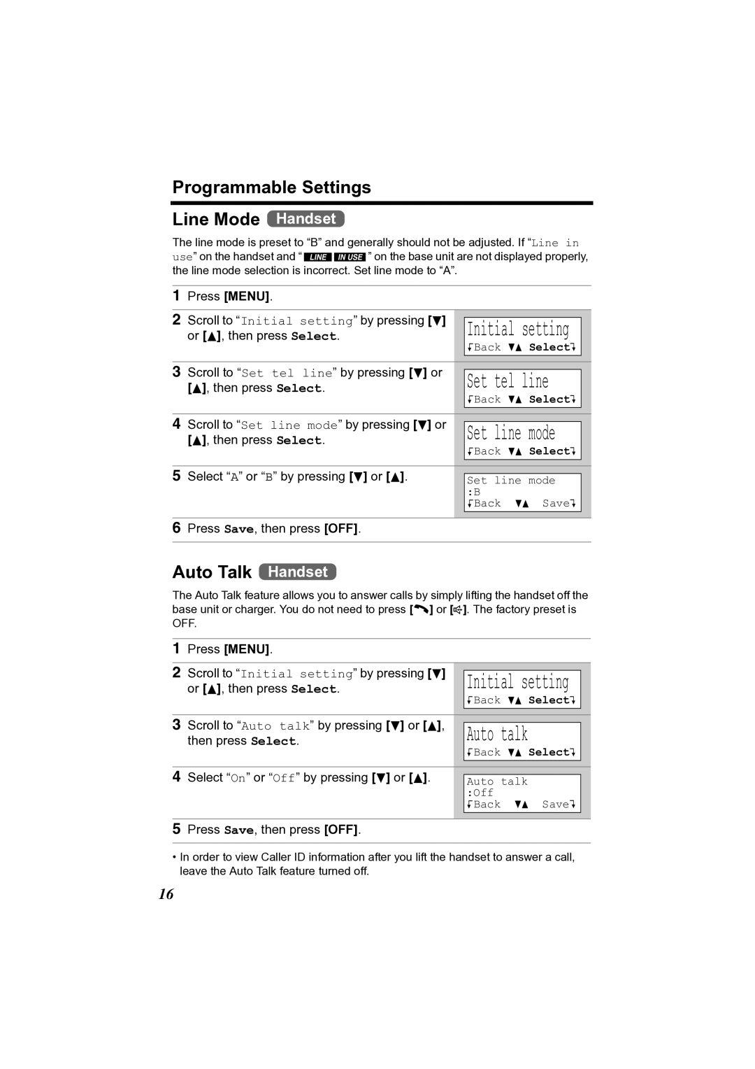 Panasonic KX-TG2361JX operating instructions Programmable Settings Line Mode Handset, Auto Talk Handset 