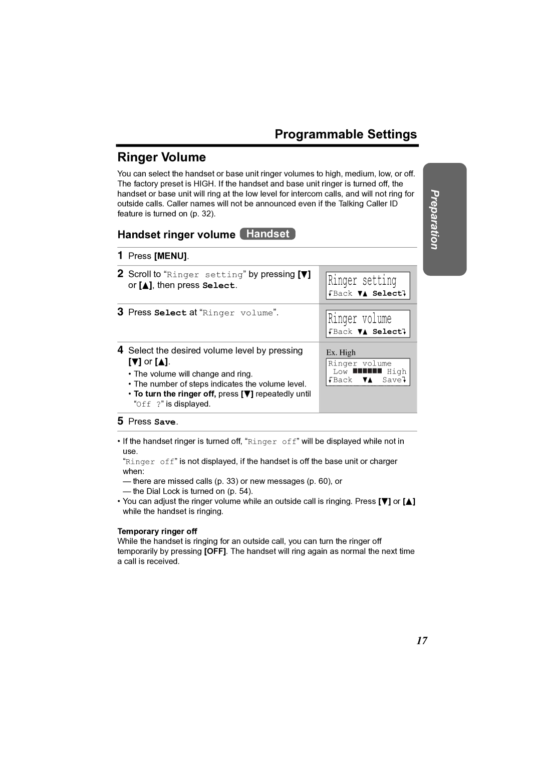 Panasonic KX-TG2361JX Programmable Settings Ringer Volume, Handset ringer volume Handset, Ringer setting 