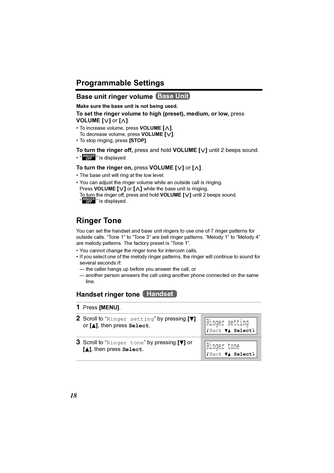 Panasonic KX-TG2361JX Programmable Settings, Ringer Tone, Base unit ringer volume Base Unit, Handset ringer tone Handset 