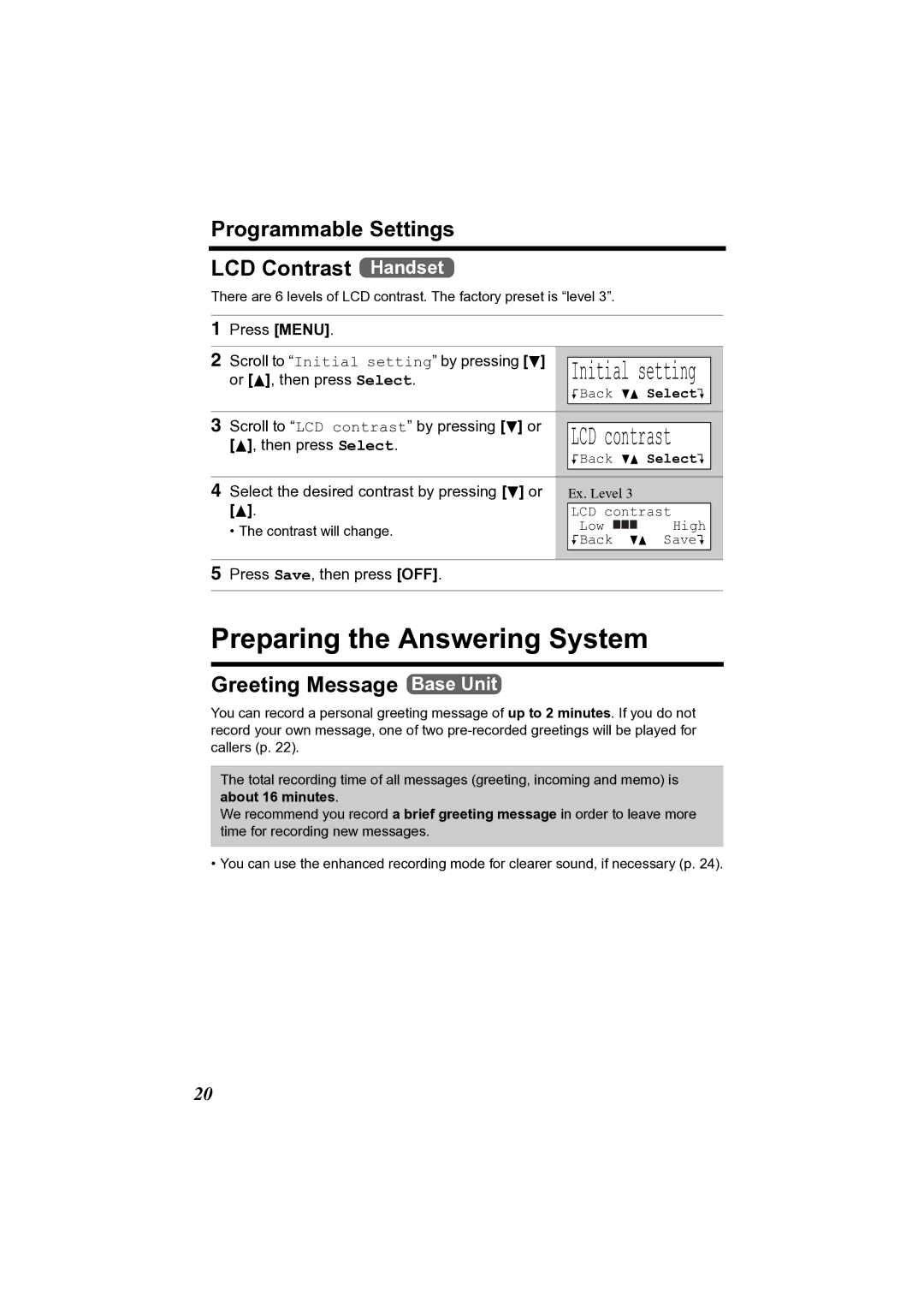 Panasonic KX-TG2361JX operating instructions Preparing the Answering System, Programmable Settings LCD Contrast Handset 