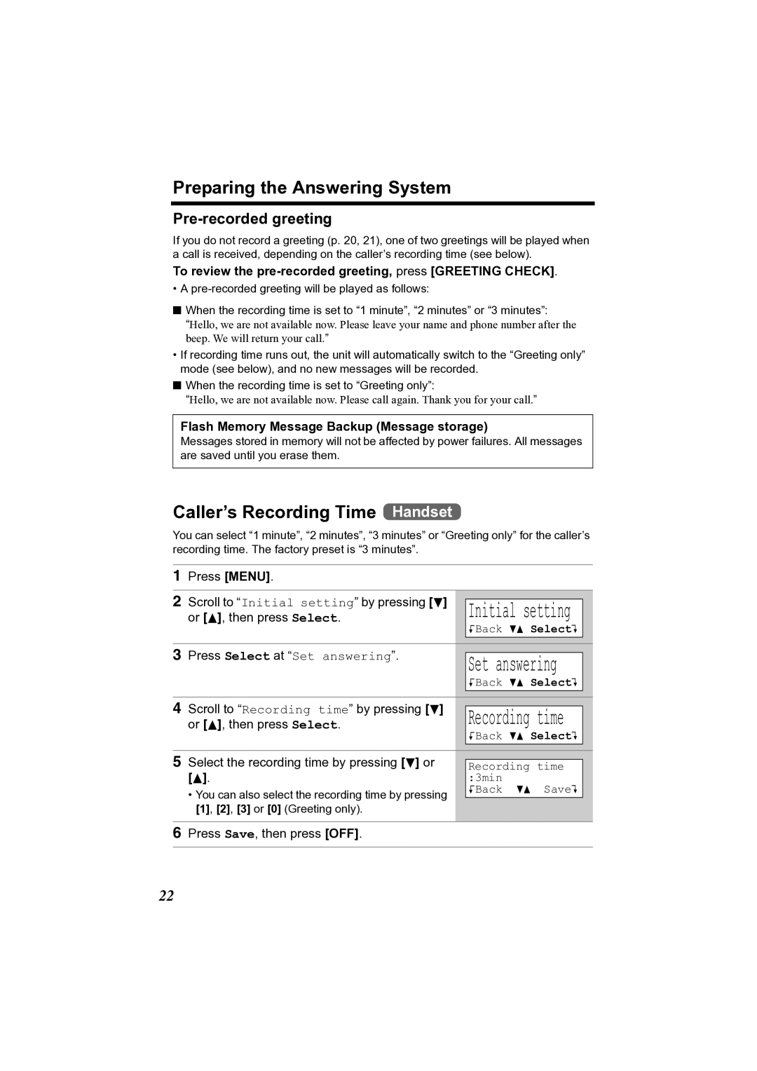 Panasonic KX-TG2361JX operating instructions Caller’s Recording Time Handset, Pre-recorded greeting, Recording time 