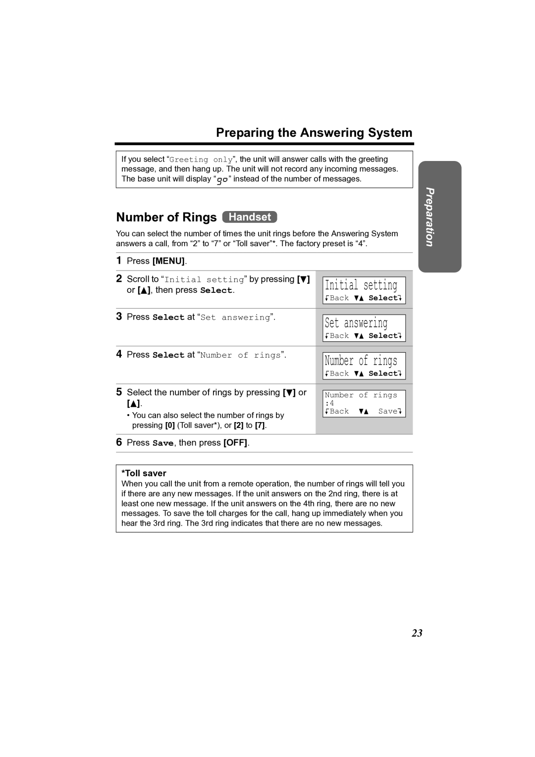 Panasonic KX-TG2361JX Number of Rings Handset, Select the number of rings by pressing d or, Toll saver, Number of rings 