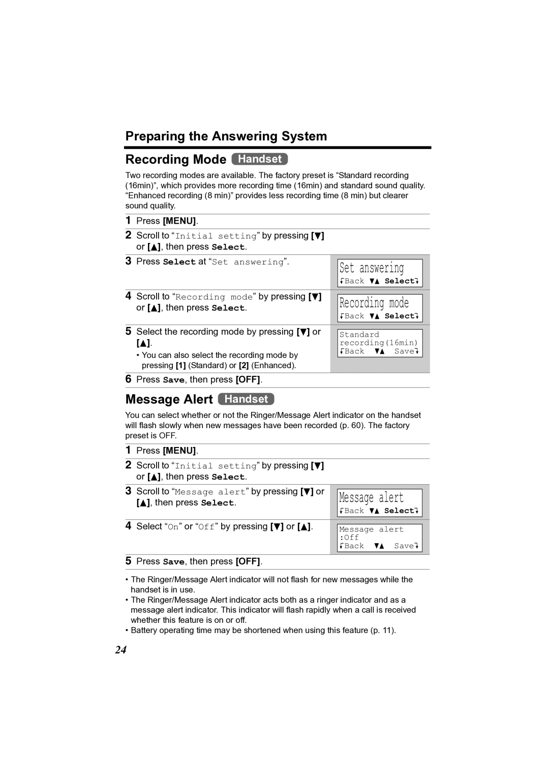 Panasonic KX-TG2361JX Preparing the Answering System Recording Mode Handset, Message Alert Handset, Recording mode 