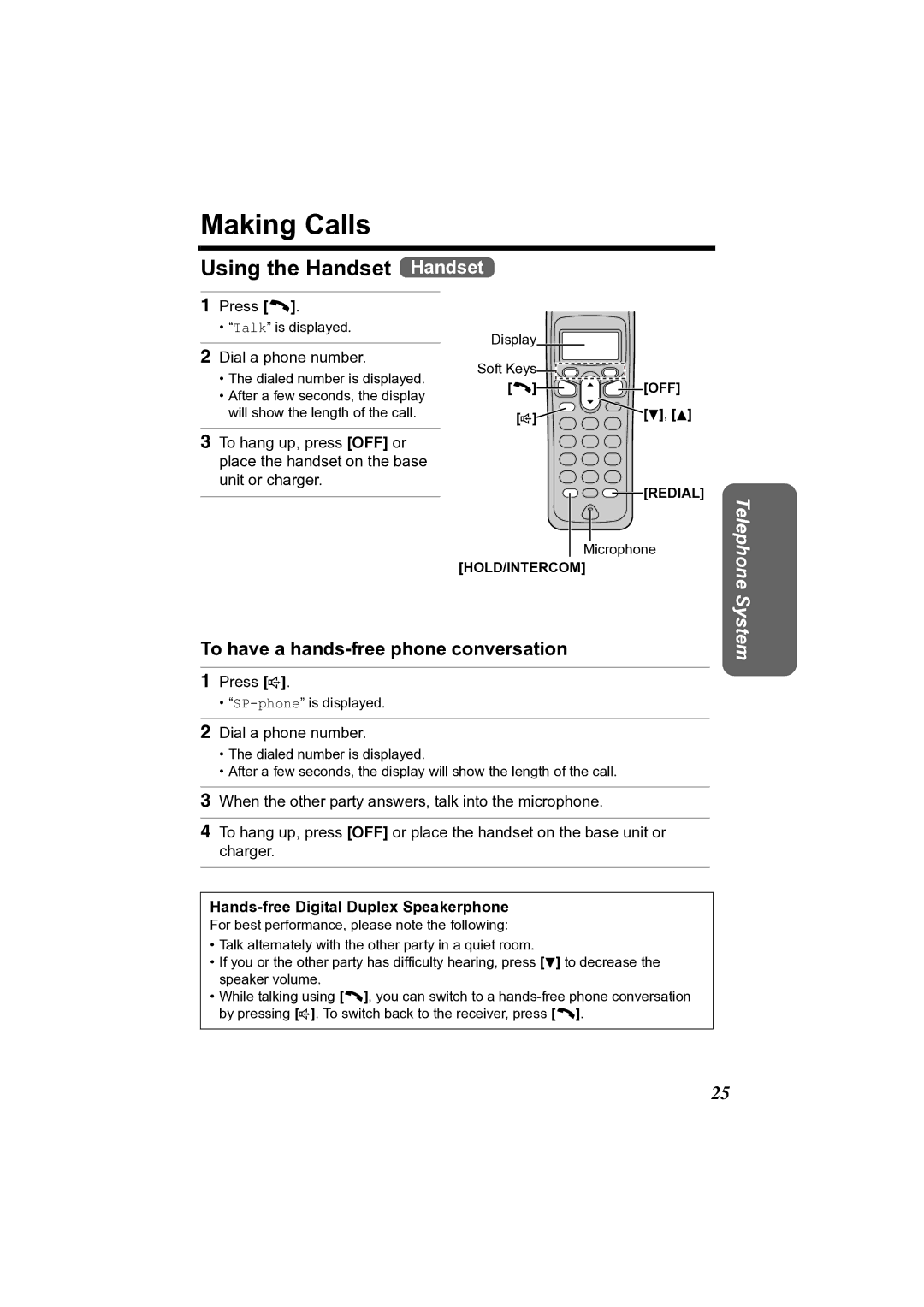 Panasonic KX-TG2361JX Making Calls, Using the Handset Handset, To have a hands-free phone conversation 