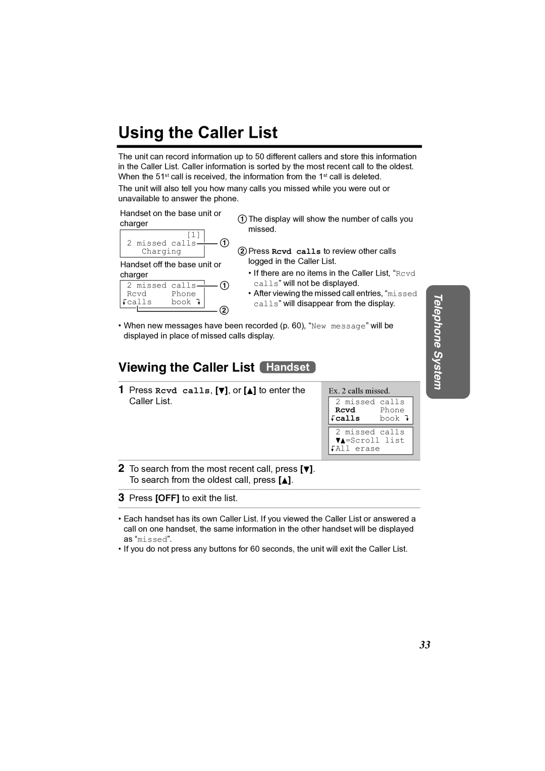 Panasonic KX-TG2361JX operating instructions Using the Caller List, Viewing the Caller List Handset 