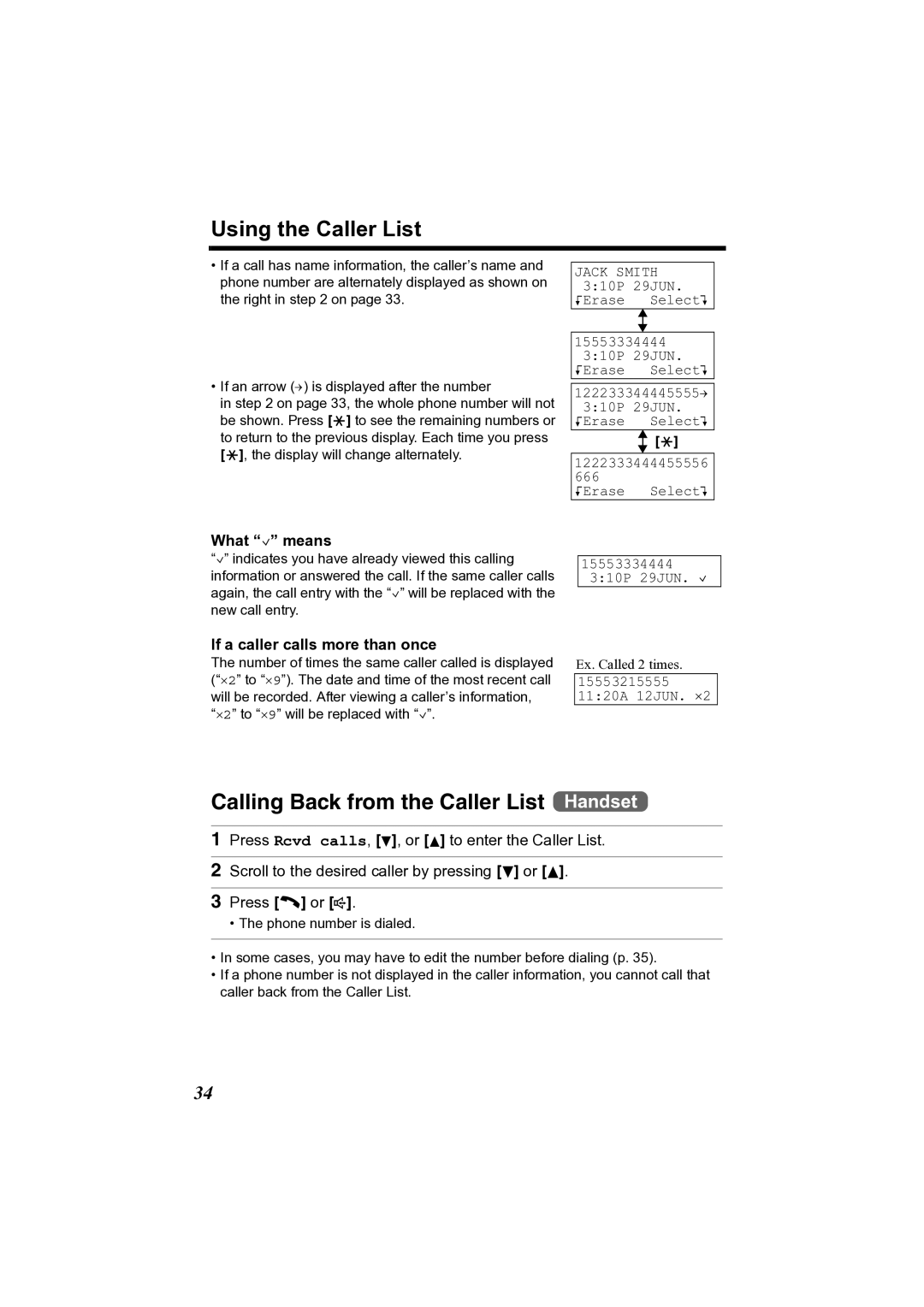 Panasonic KX-TG2361JX operating instructions Using the Caller List, Calling Back from the Caller List Handset, What , means 