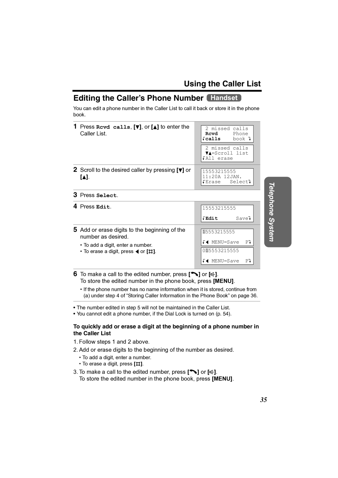 Panasonic KX-TG2361JX Scroll to the desired caller by pressing d or, Press Select Press Edit, 15553215555 