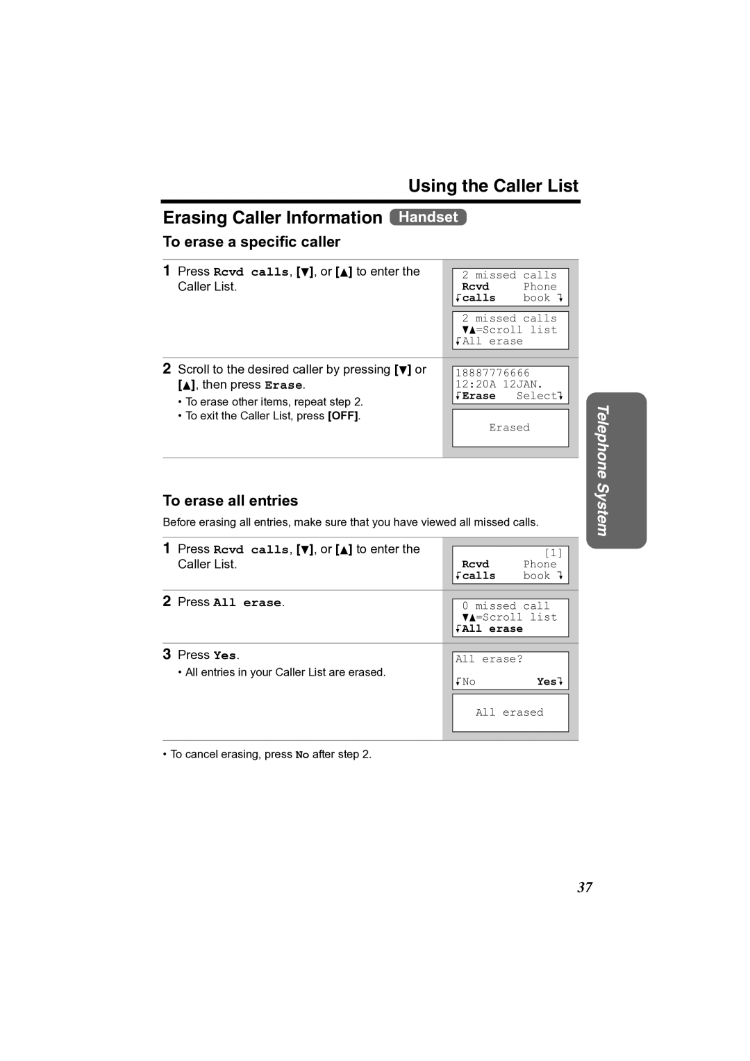 Panasonic KX-TG2361JX Using the Caller List Erasing Caller Information Handset, To erase a specific caller, Press Yes 