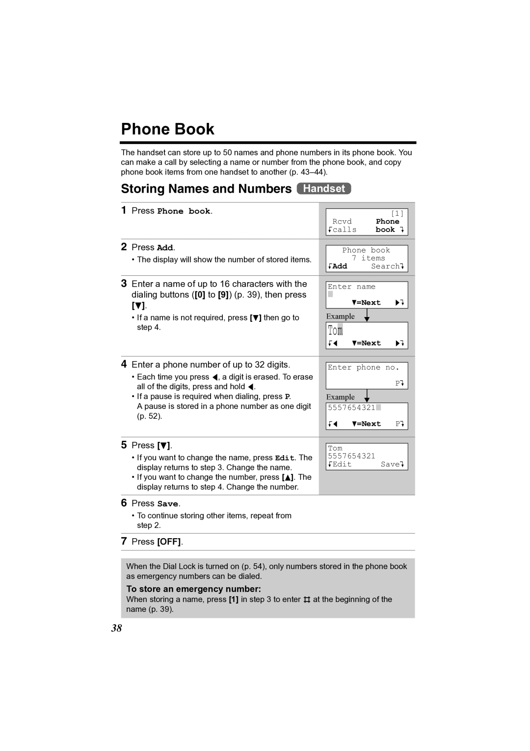 Panasonic KX-TG2361JX operating instructions Phone Book, Storing Names and Numbers Handset, To store an emergency number 