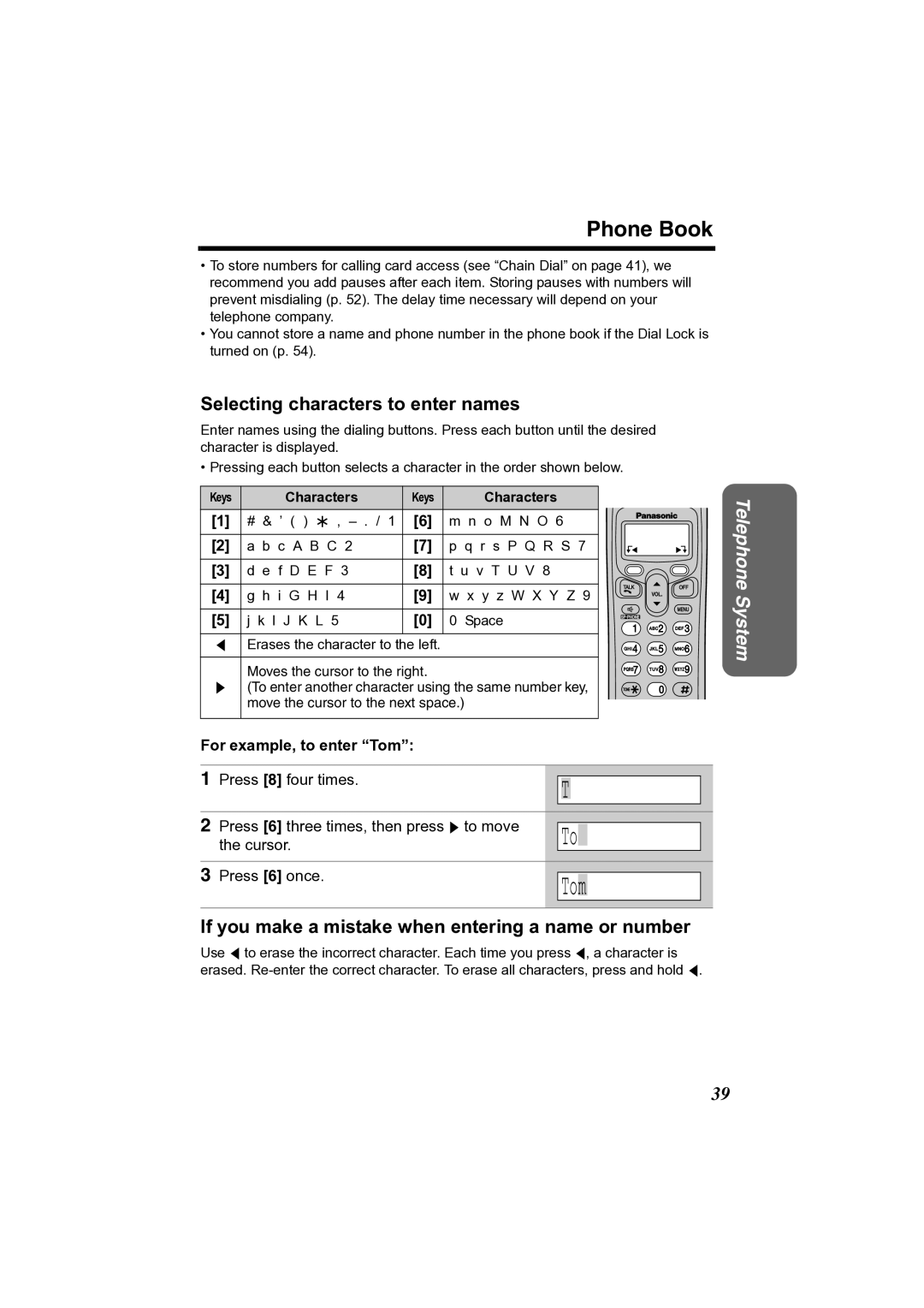 Panasonic KX-TG2361JX Phone Book, Selecting characters to enter names, For example, to enter Tom, Characters 