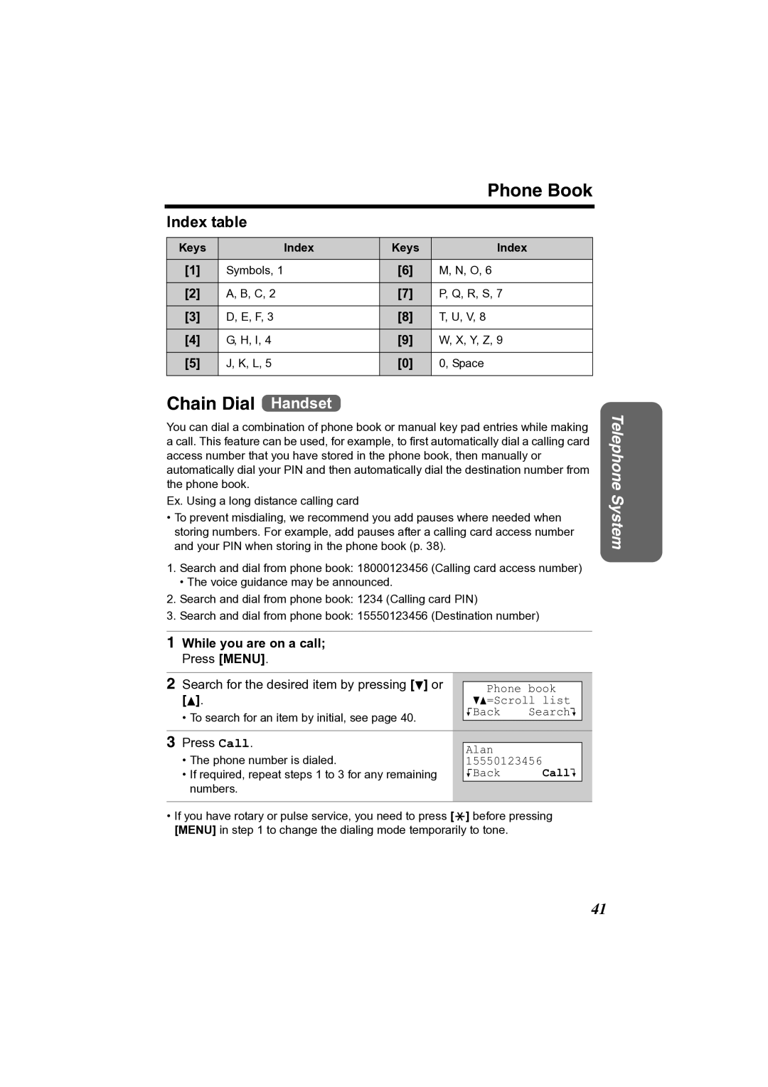 Panasonic KX-TG2361JX Chain Dial Handset, Index table, While you are on a call Press Menu, Press Call 