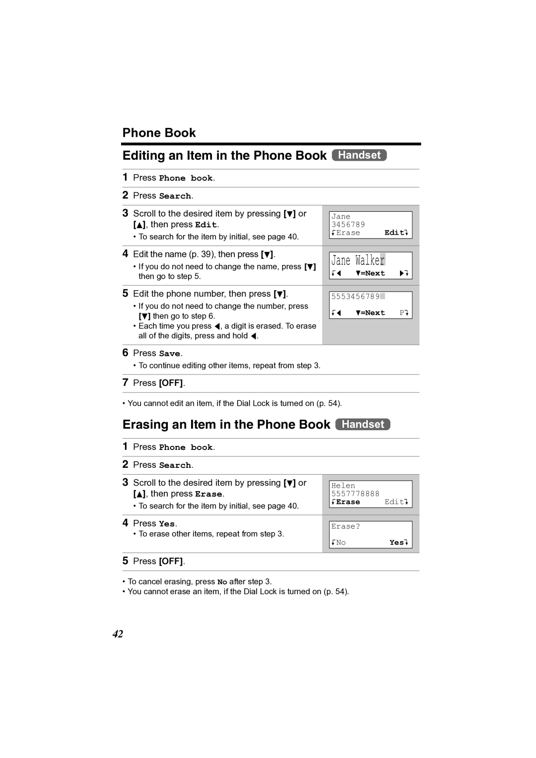 Panasonic KX-TG2361JX Phone Book Editing an Item in the Phone Book Handset, Erasing an Item in the Phone Book Handset 