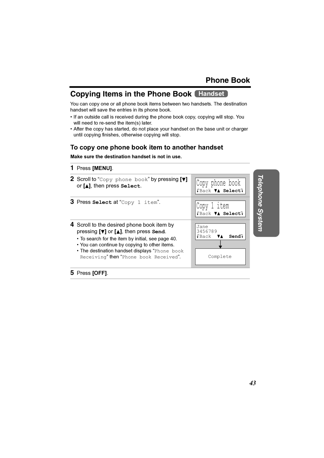 Panasonic KX-TG2361JX Phone Book Copying Items in the Phone Book Handset, To copy one phone book item to another handset 