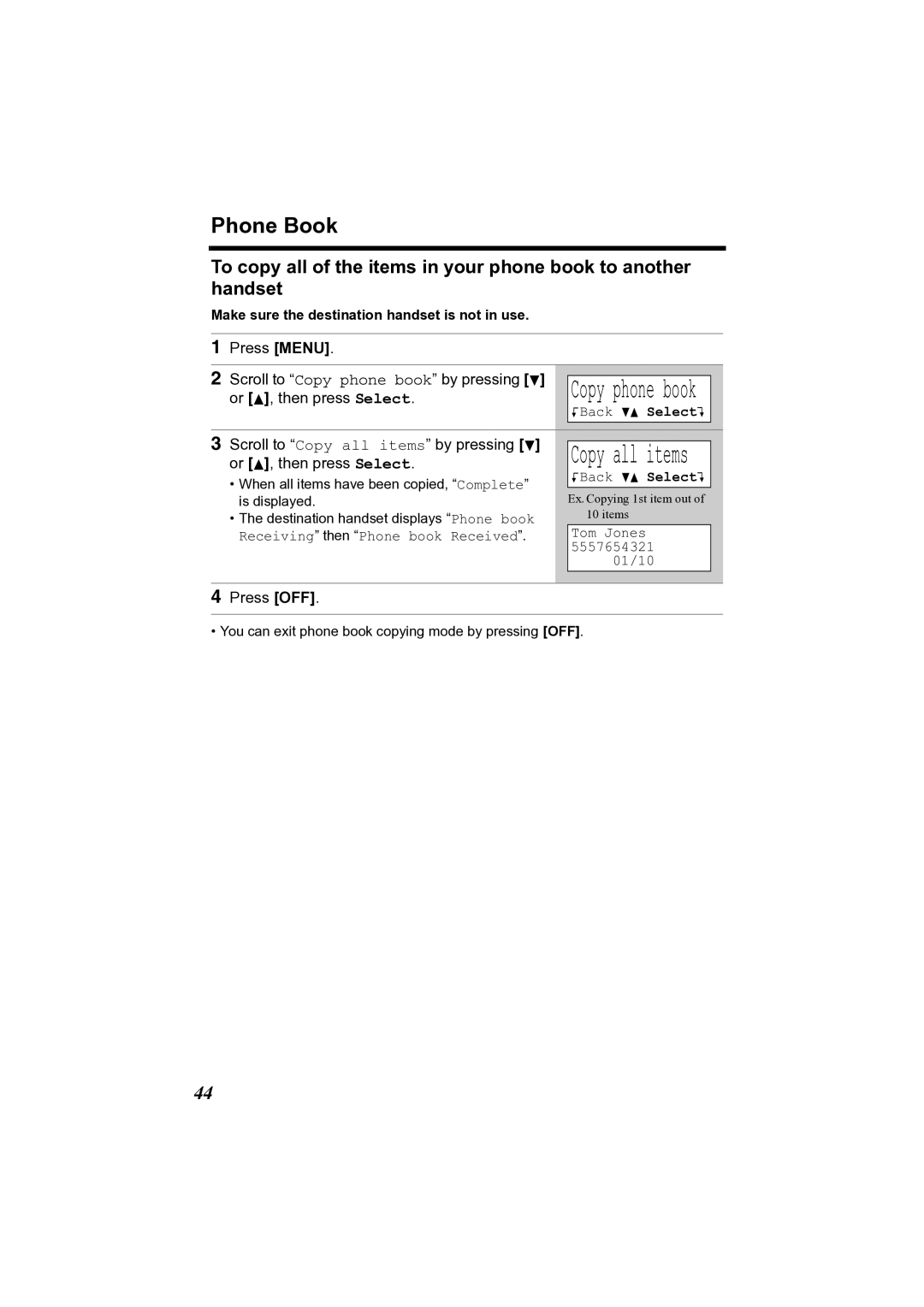 Panasonic KX-TG2361JX operating instructions Phone Book, Copy phone book, Scroll to Copy all items by pressing d 