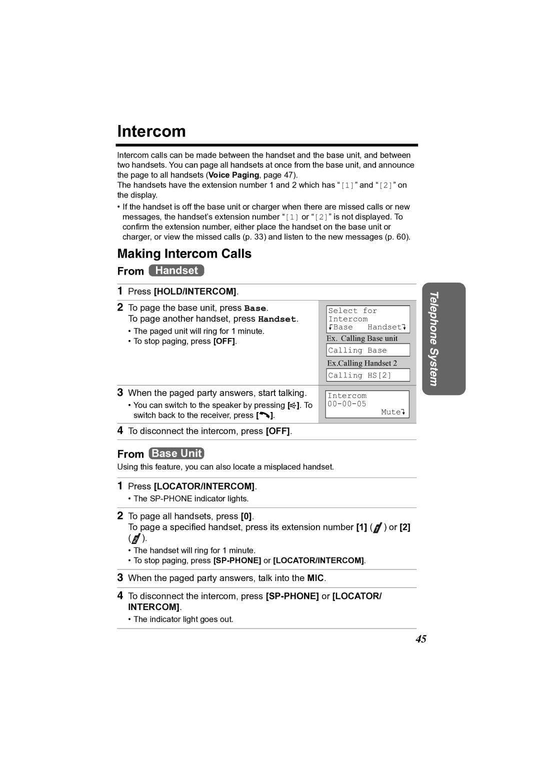 Panasonic KX-TG2361JX operating instructions Making Intercom Calls, Press HOLD/INTERCOM, Press LOCATOR/INTERCOM 