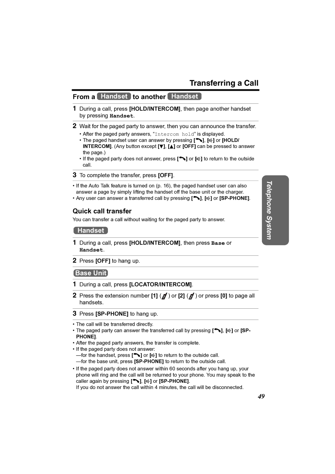 Panasonic KX-TG2361JX operating instructions Transferring a Call, From a Handset to another Handset, Quick call transfer 