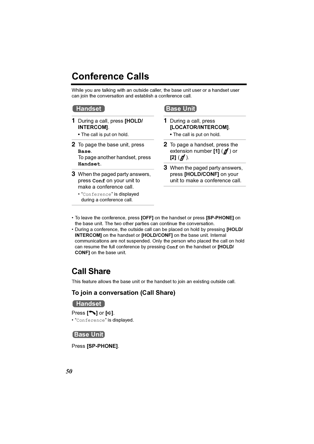 Panasonic KX-TG2361JX Conference Calls, To join a conversation Call Share, During a call, press HOLD/ Intercom 