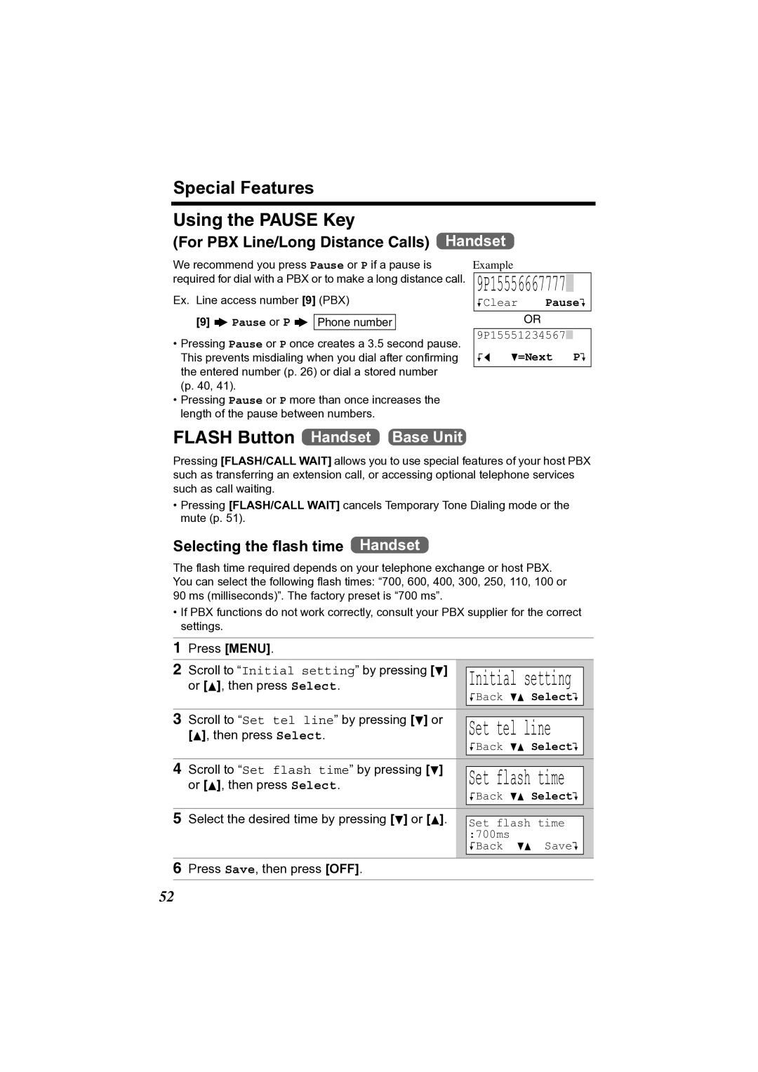 Panasonic KX-TG2361JX Special Features Using the Pause Key, Selecting the flash time Handset, Set flash time 