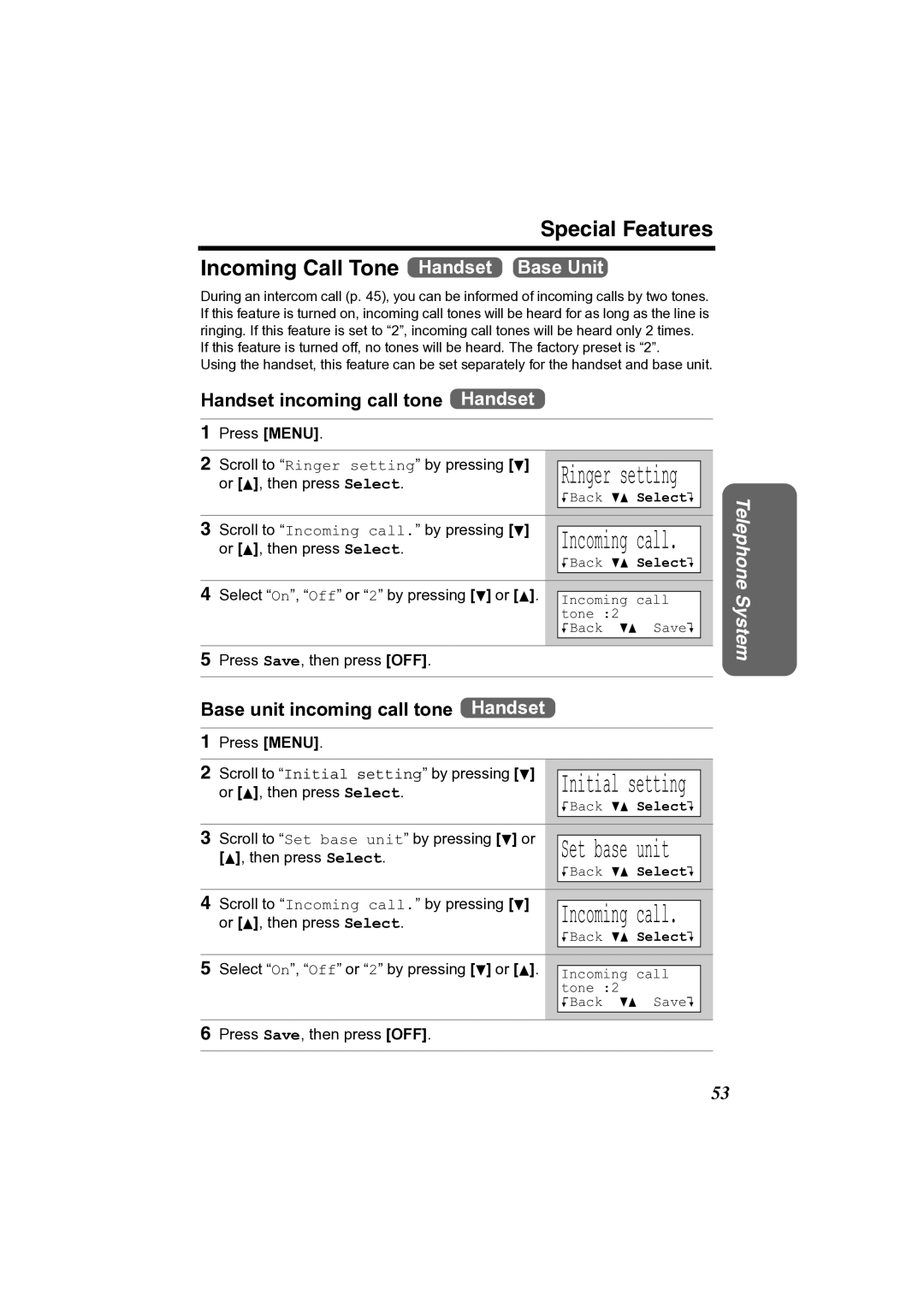 Panasonic KX-TG2361JX Special Features Incoming Call Tone Handset Base Unit, Handset incoming call tone Handset 