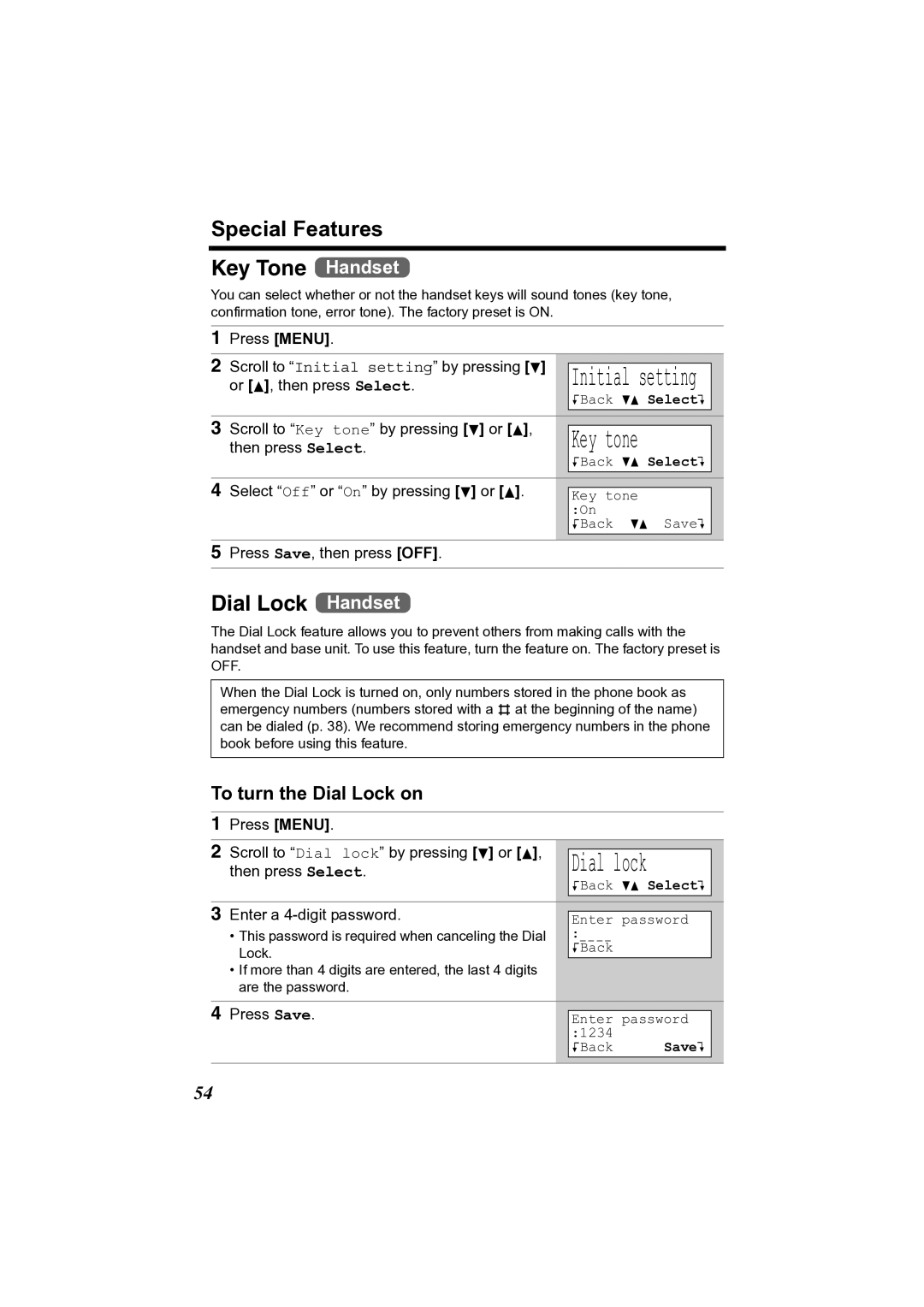 Panasonic KX-TG2361JX operating instructions Special Features Key Tone Handset, Dial Lock Handset, To turn the Dial Lock on 