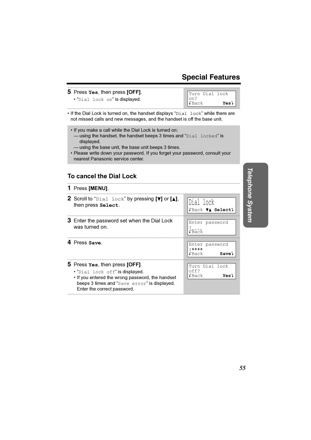 Panasonic KX-TG2361JX operating instructions Special Features, To cancel the Dial Lock, Dial lock 