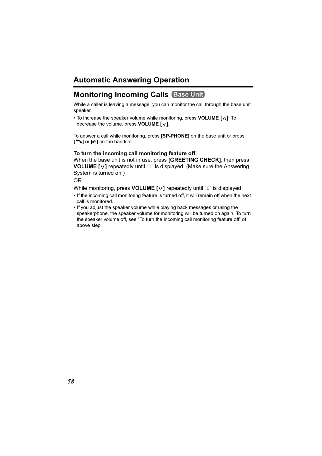 Panasonic KX-TG2361JX operating instructions To turn the incoming call monitoring feature off 