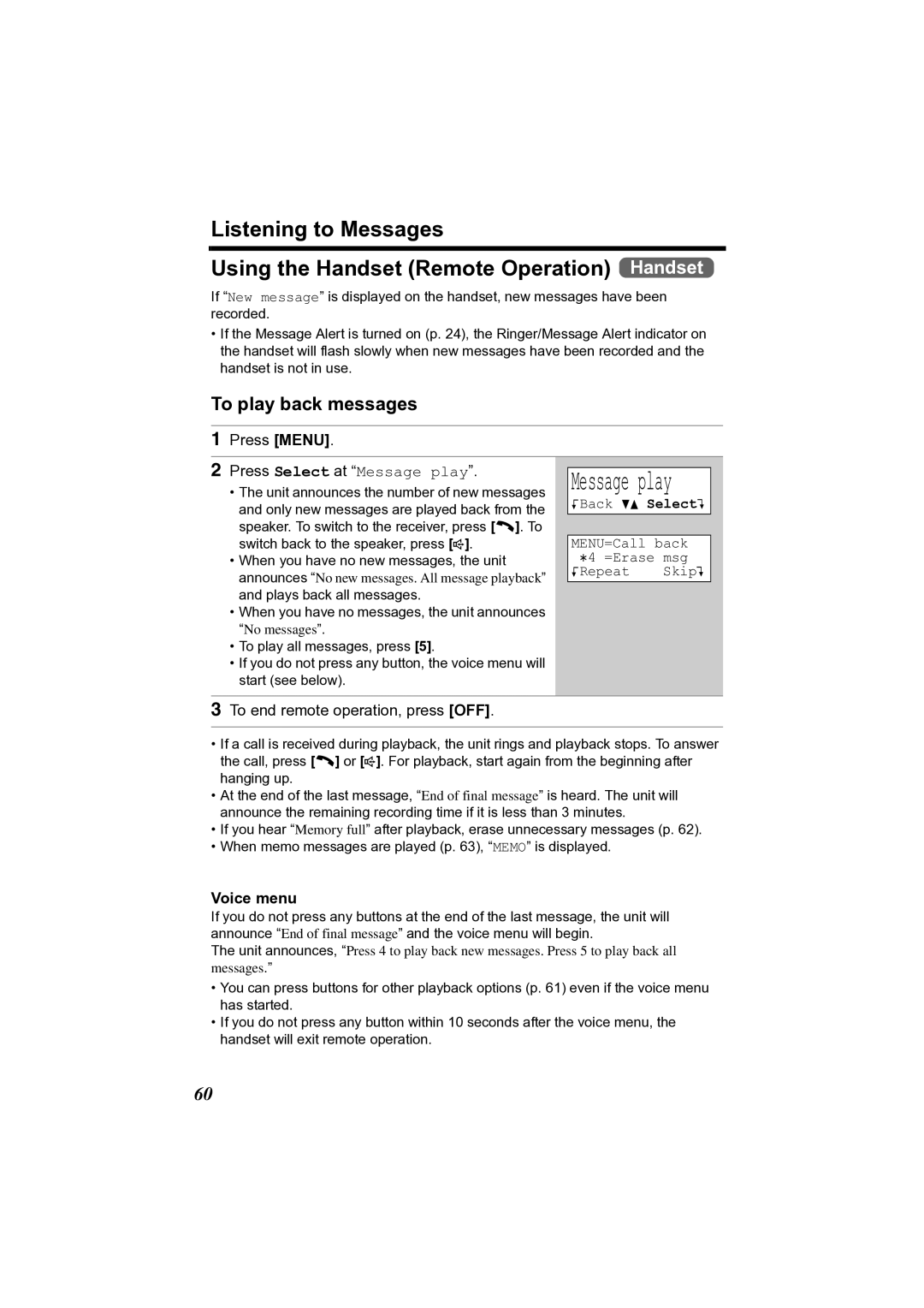 Panasonic KX-TG2361JX Press Menu Press Select at Message play, To end remote operation, press OFF, Voice menu 