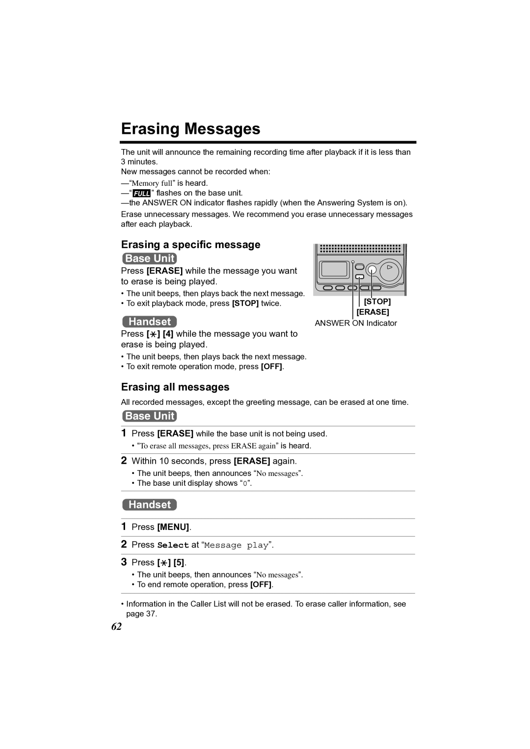 Panasonic KX-TG2361JX operating instructions Erasing Messages, Erasing a specific message, Erasing all messages 