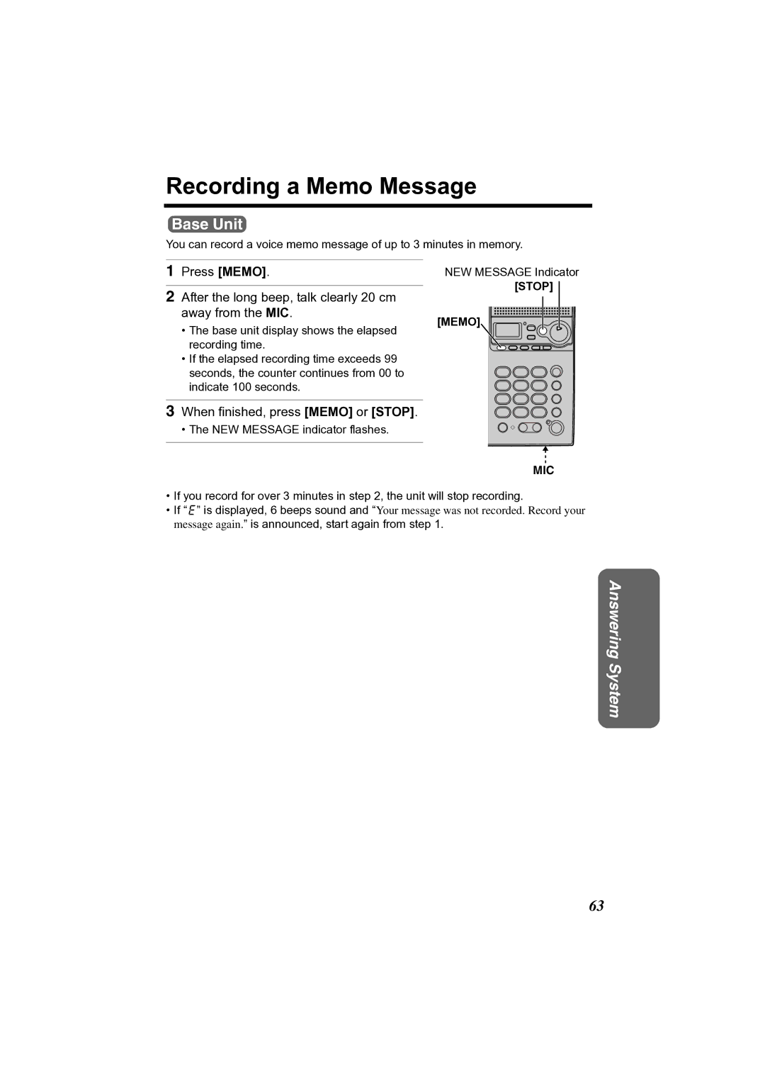 Panasonic KX-TG2361JX operating instructions Recording a Memo Message, When finished, press Memo or Stop 