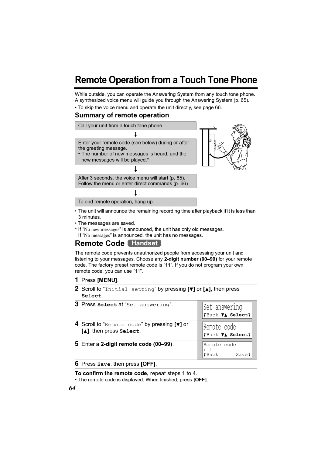 Panasonic KX-TG2361JX Remote Operation from a Touch Tone Phone, Remote Code Handset, Summary of remote operation 