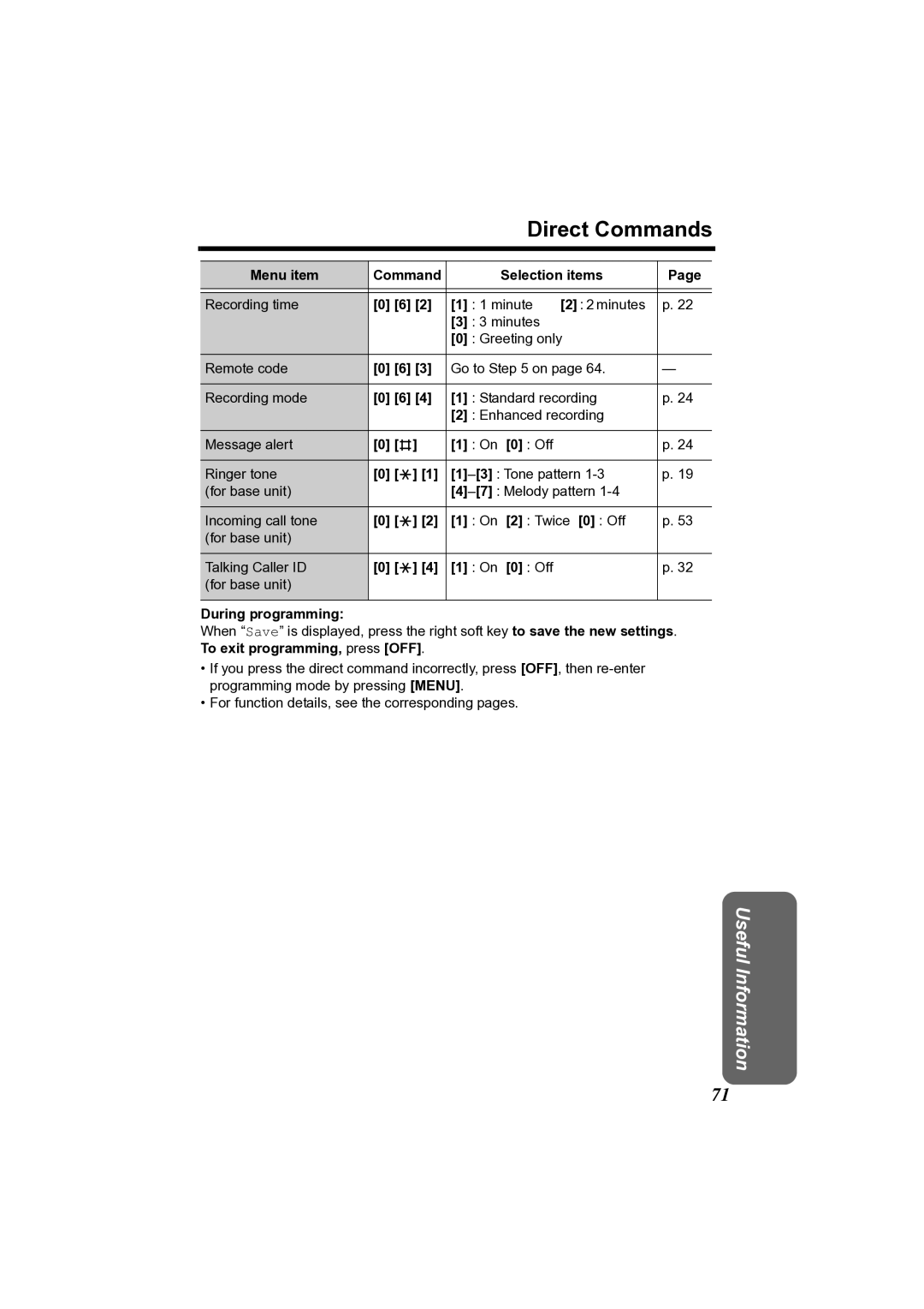 Panasonic KX-TG2361JX operating instructions Direct Commands, During programming 