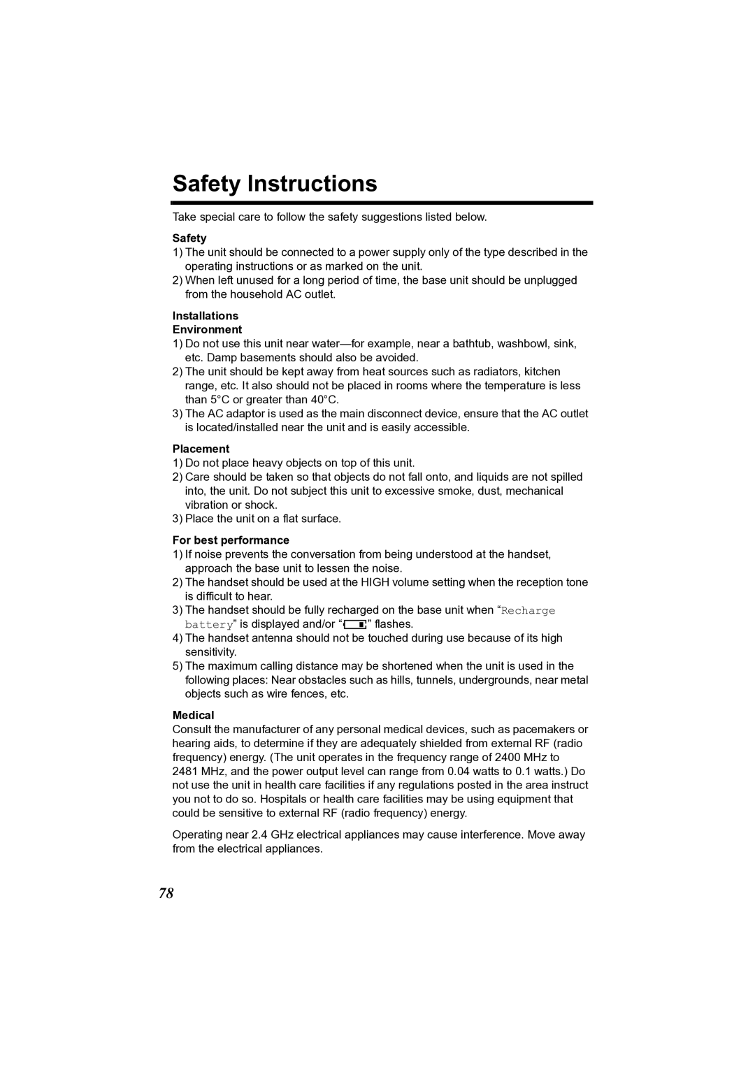 Panasonic KX-TG2361JX operating instructions Safety Instructions 