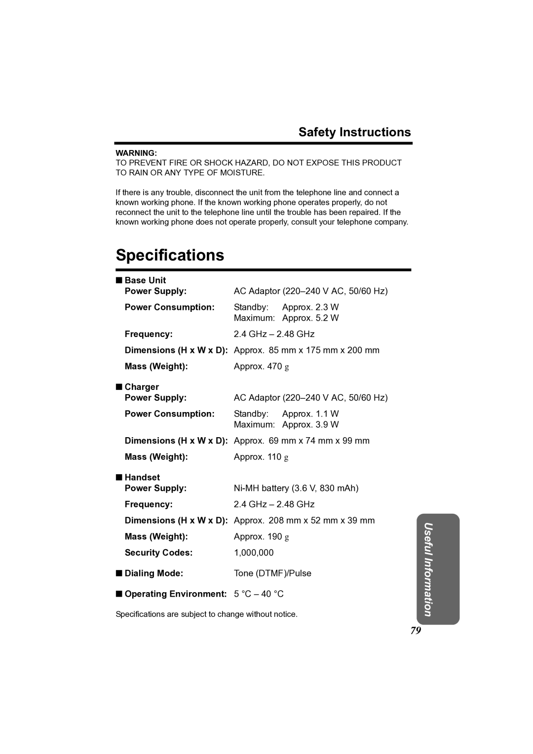 Panasonic KX-TG2361JX operating instructions Specifications, Safety Instructions 