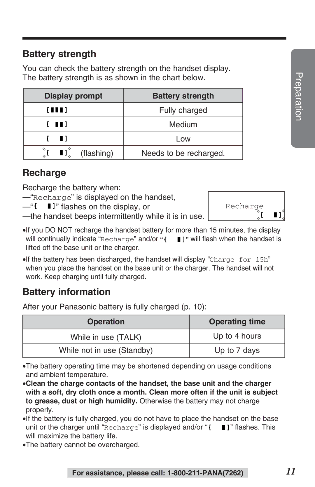 Panasonic KX-TG2382B Recharge, Battery information, Display prompt Battery strength, Operation Operating time 