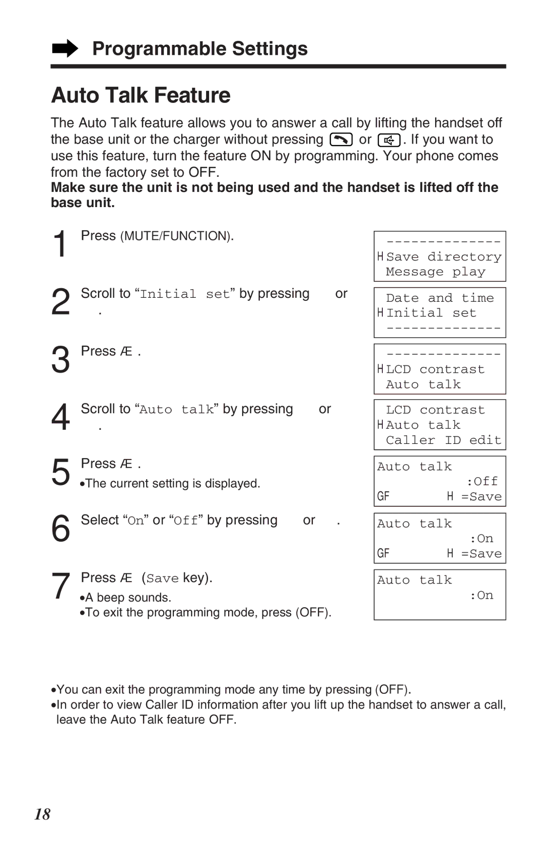 Panasonic KX-TG2382B operating instructions Auto Talk Feature, Select On or Off by pressing Ö or Ñ Press á Save key 