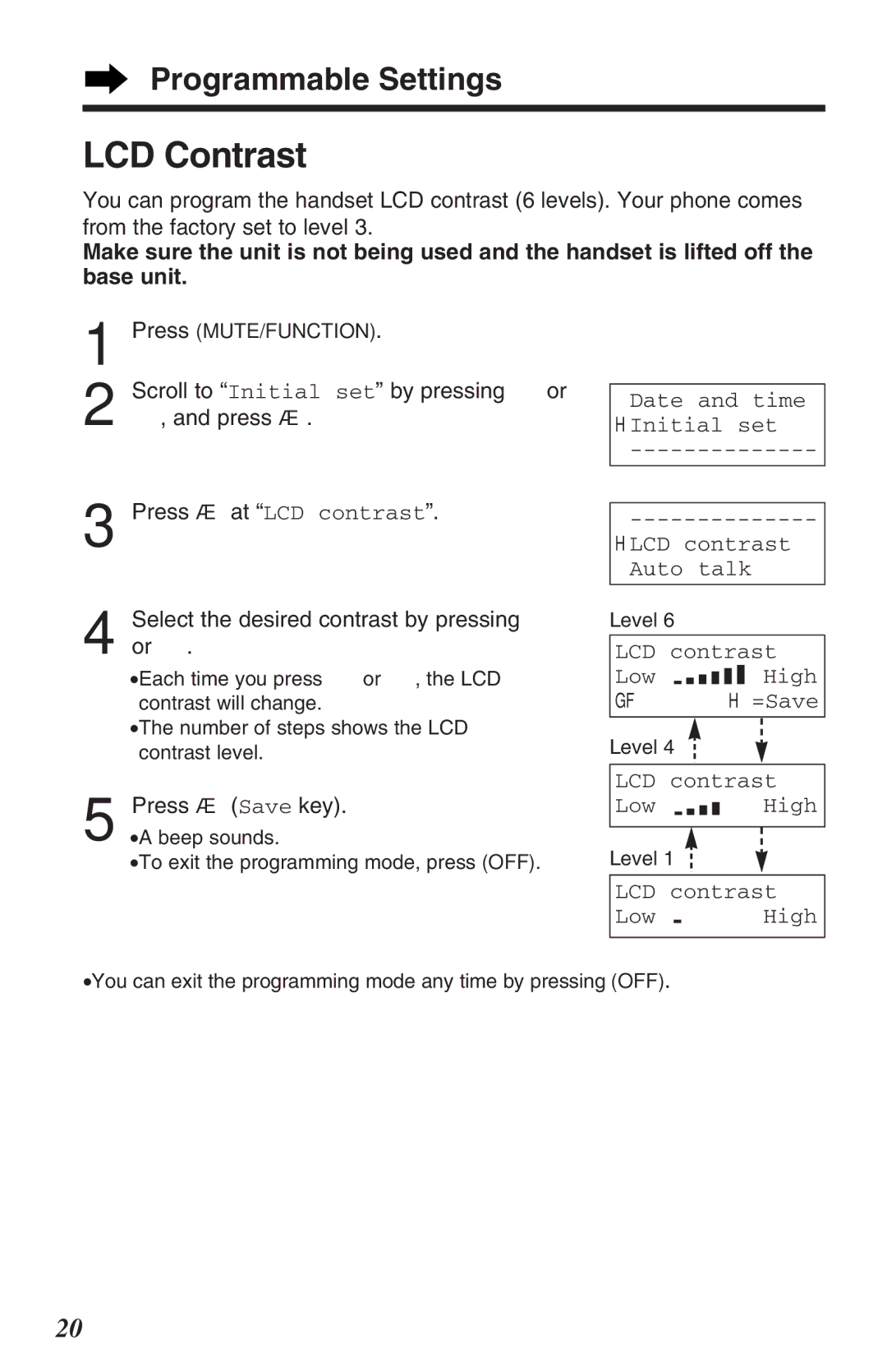 Panasonic KX-TG2382B LCD Contrast, Date and time HInitial set Hlcd contrast Auto talk, LCD contrast Low High 