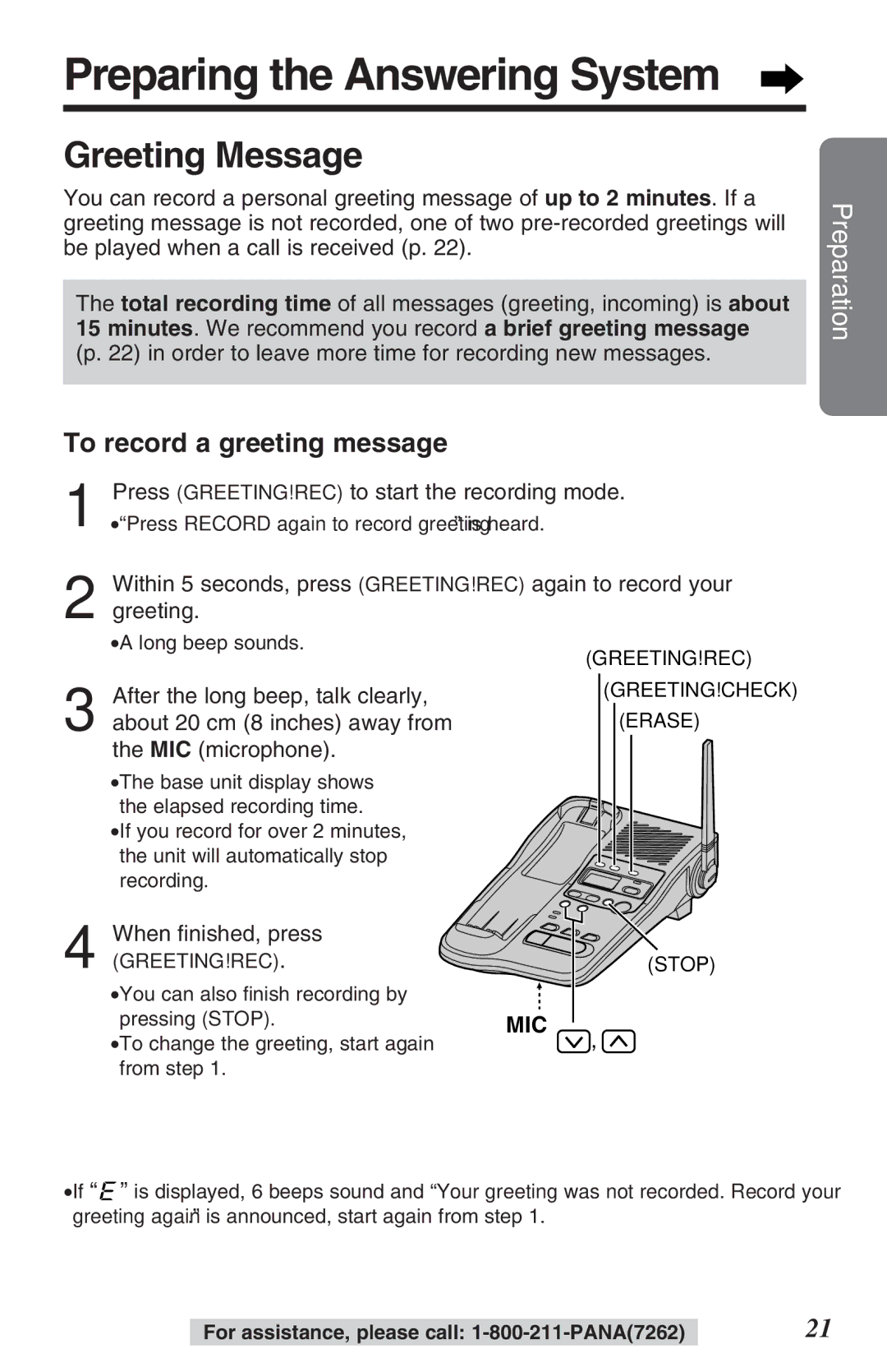 Panasonic KX-TG2382B Preparing the Answering System, Greeting Message, To record a greeting message, When ﬁnished, press 