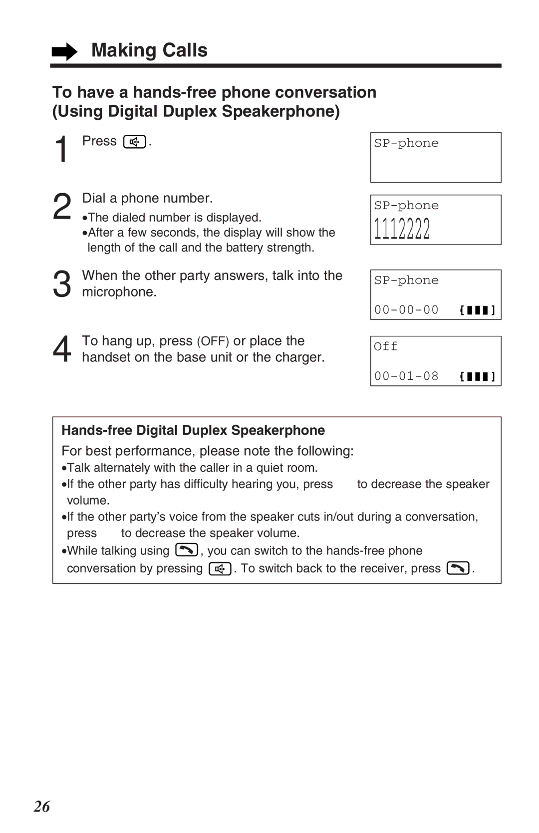 Panasonic KX-TG2382B operating instructions Making Calls, Press Dial a phone number, Hands-free Digital Duplex Speakerphone 