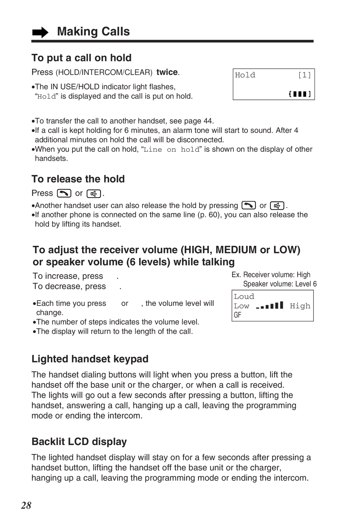 Panasonic KX-TG2382B To put a call on hold, To release the hold, Lighted handset keypad, Backlit LCD display 