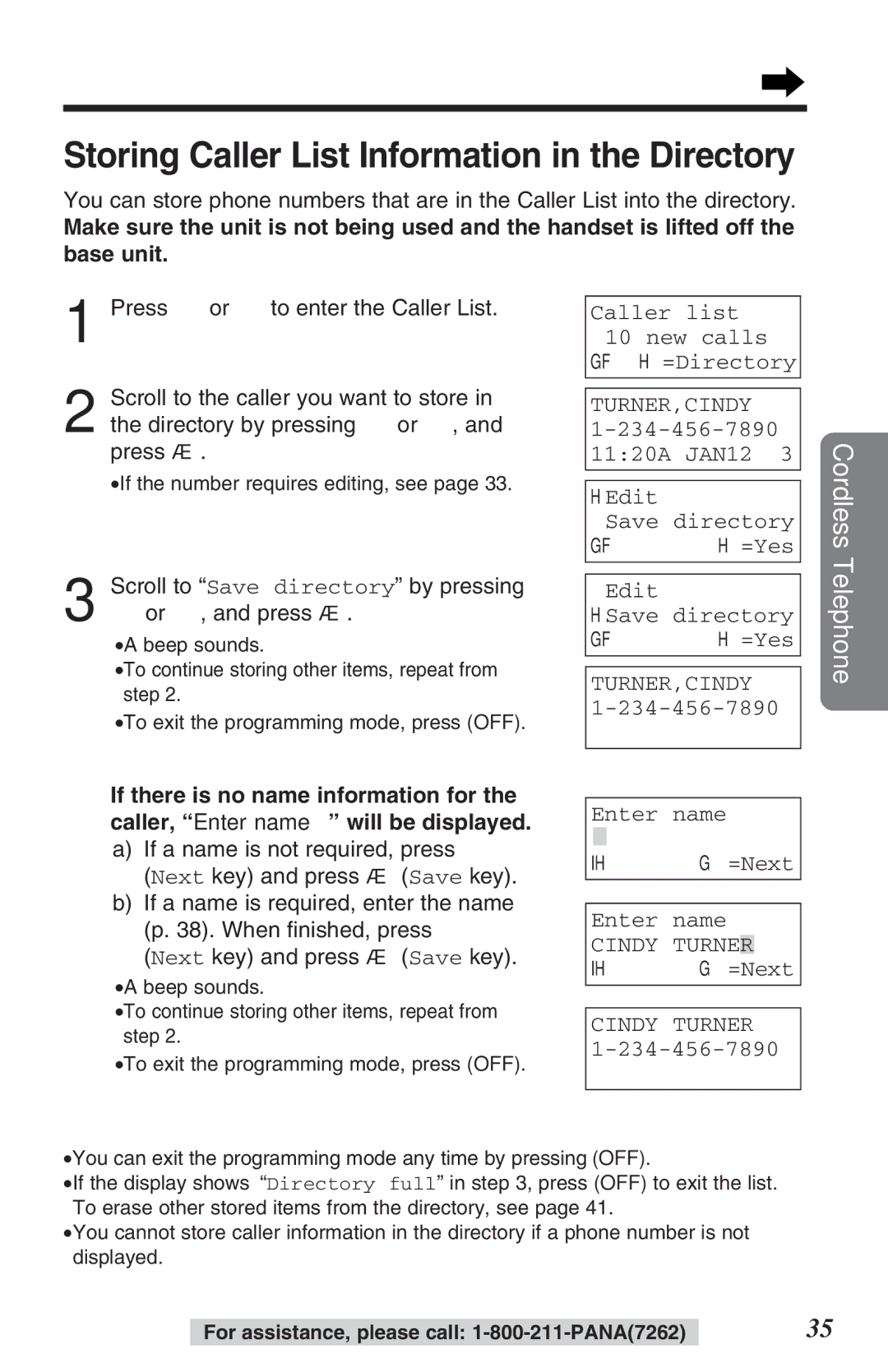 Panasonic KX-TG2382B Storing Caller List Information in the Directory, Caller list 10 new calls GF H=Directory 