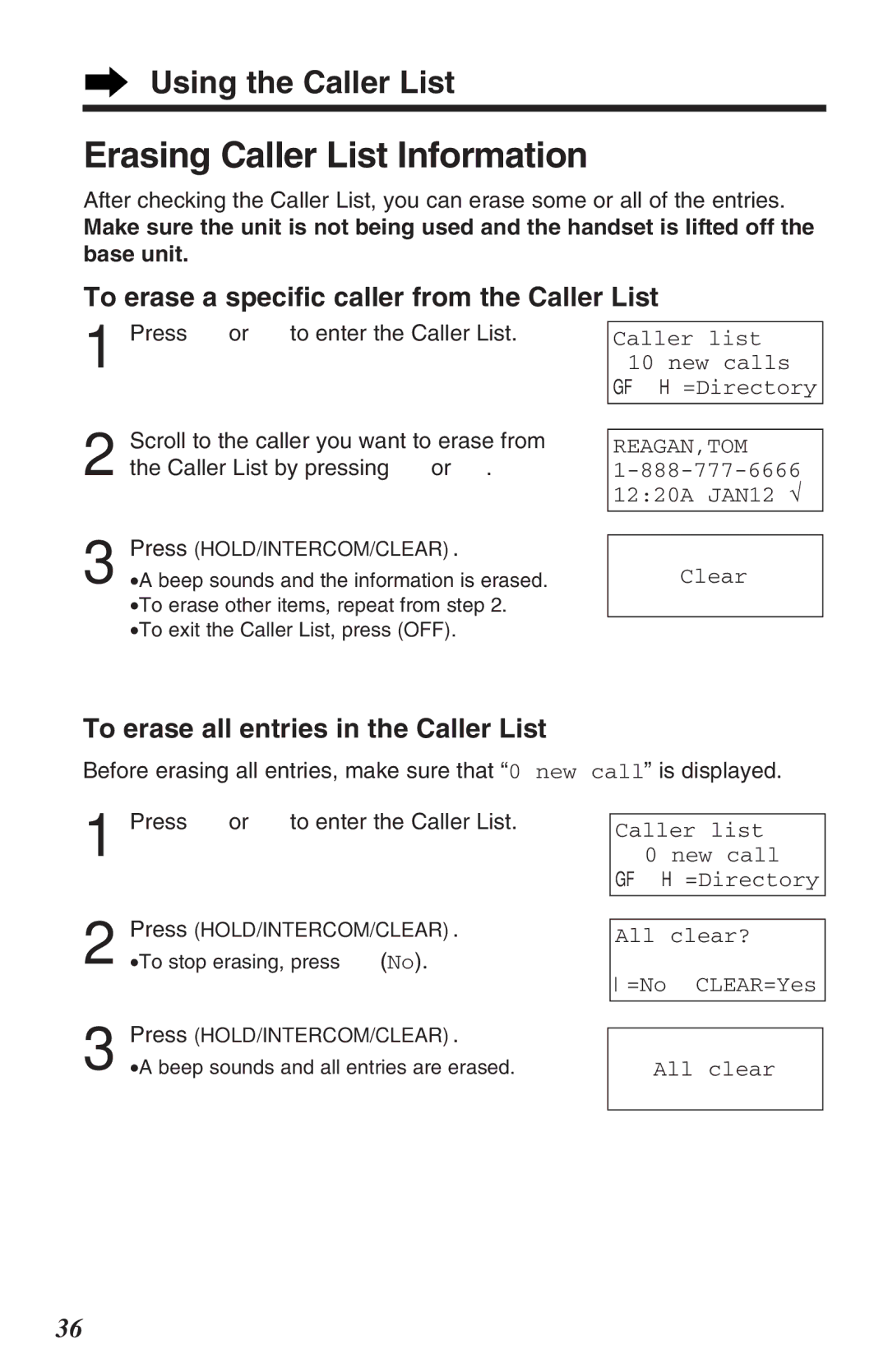 Panasonic KX-TG2382B Erasing Caller List Information, To erase a speciﬁc caller from the Caller List, Clear 