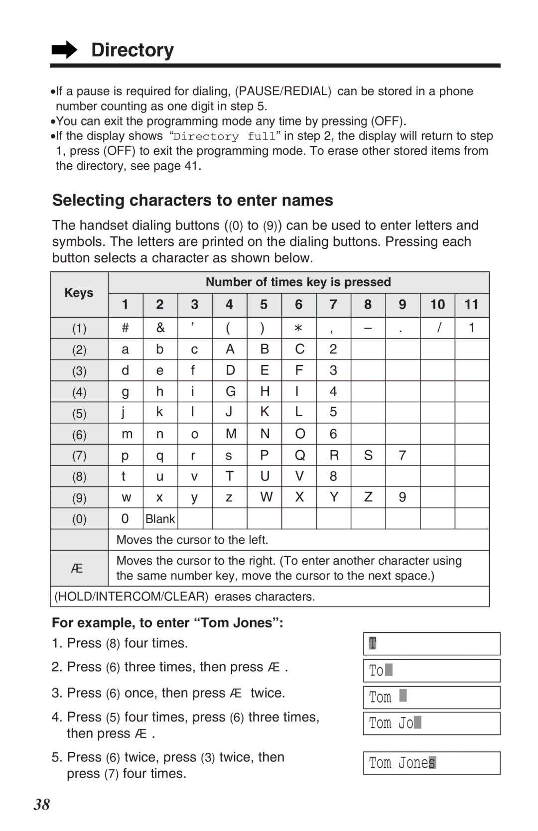 Panasonic KX-TG2382B operating instructions Directory, Selecting characters to enter names, For example, to enter Tom Jones 