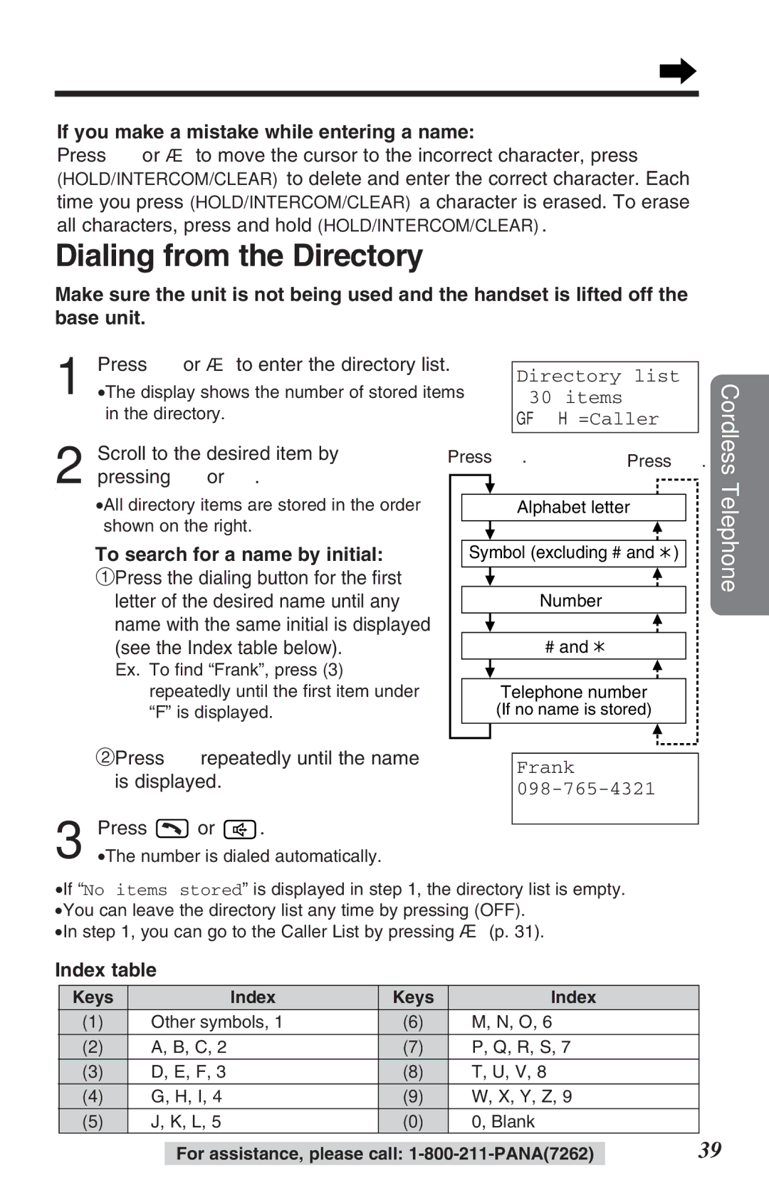 Panasonic KX-TG2382B Dialing from the Directory, If you make a mistake while entering a name, Index table 