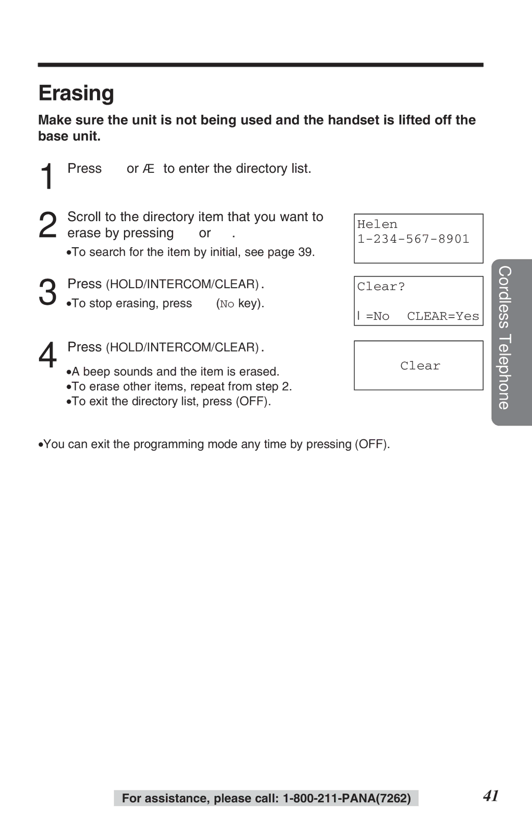 Panasonic KX-TG2382B operating instructions Erasing, Helen Clear? =No CLEAR=Yes 