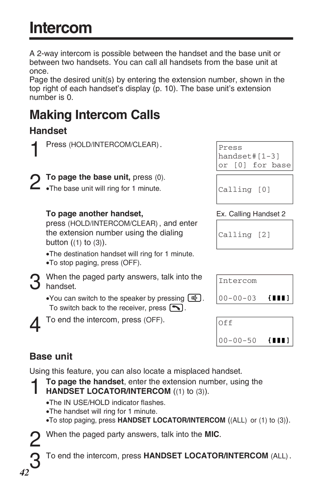 Panasonic KX-TG2382B Making Intercom Calls, To page the base unit, press, To page another handset 