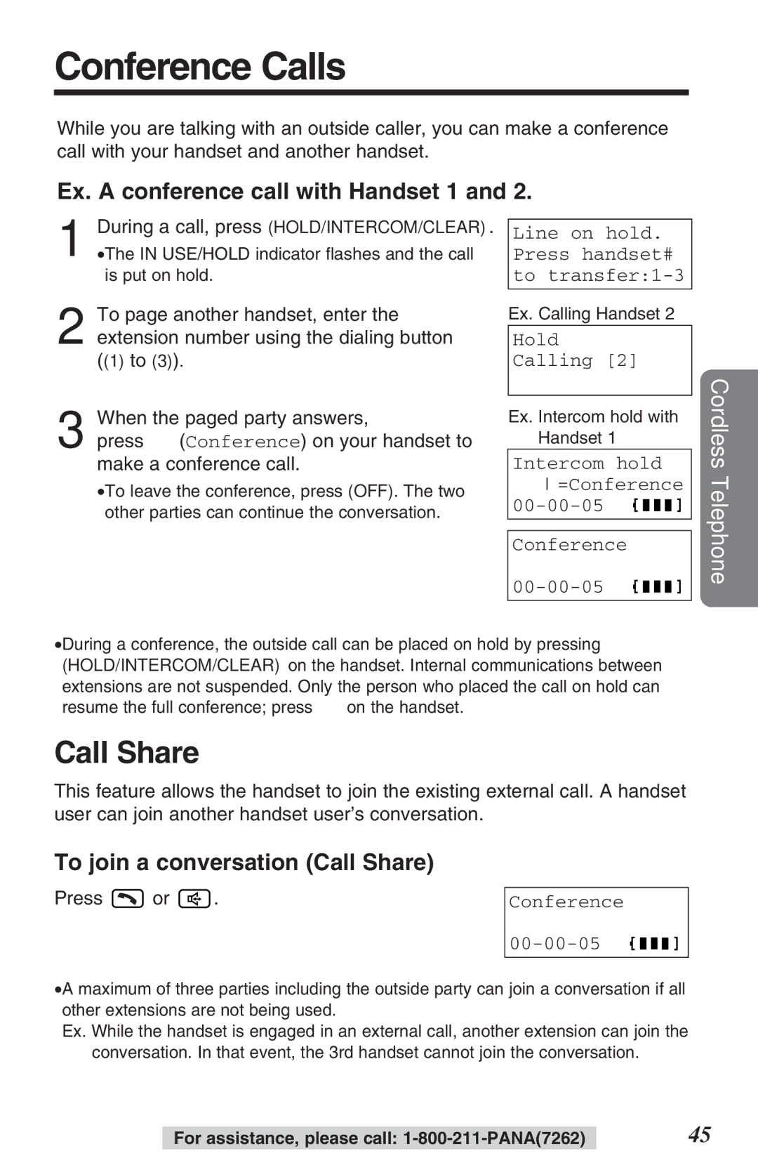 Panasonic KX-TG2382B Conference Calls, Ex. a conference call with Handset 1, To join a conversation Call Share 