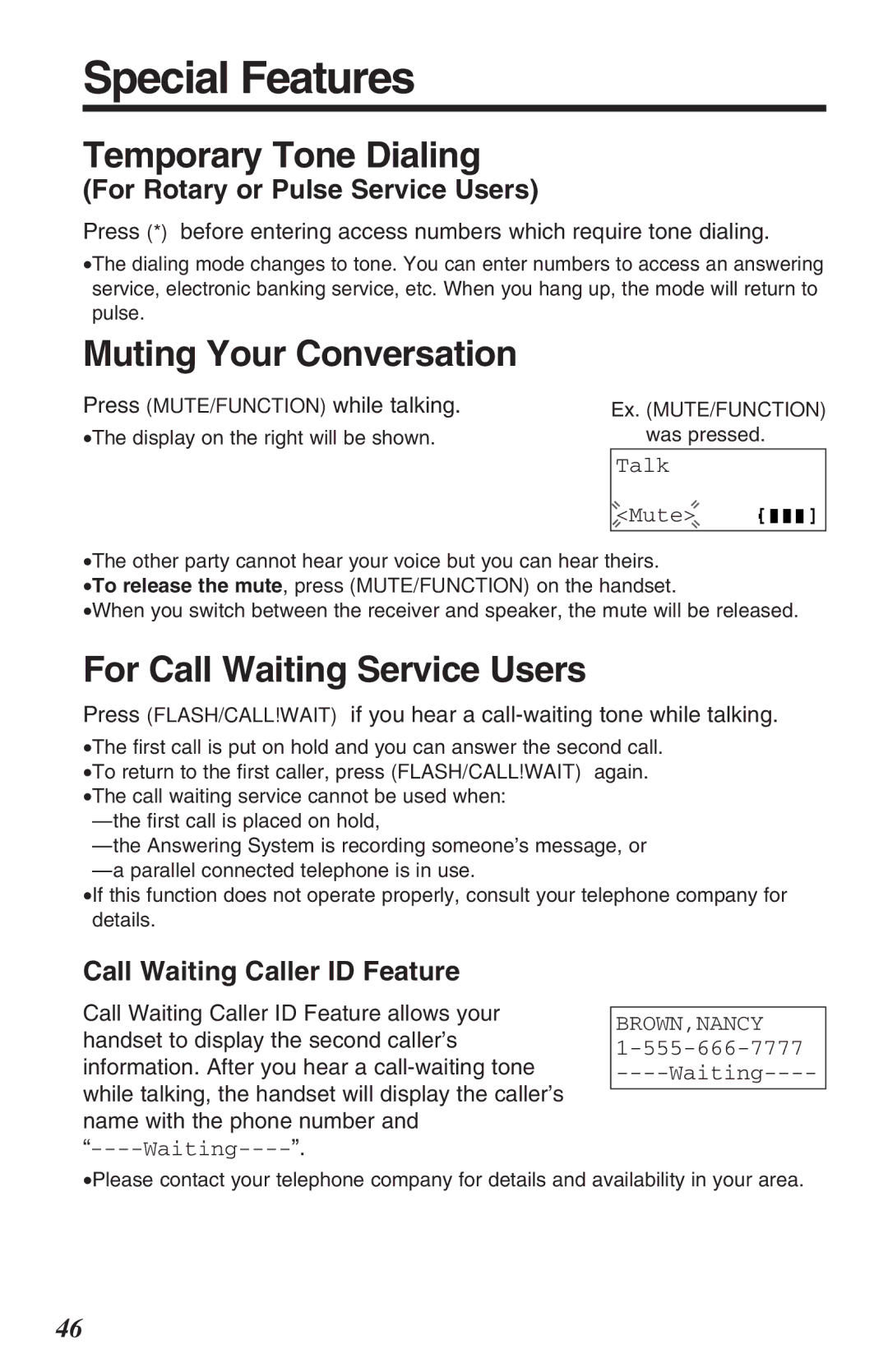 Panasonic KX-TG2382B Special Features, Temporary Tone Dialing, Muting Your Conversation, For Call Waiting Service Users 